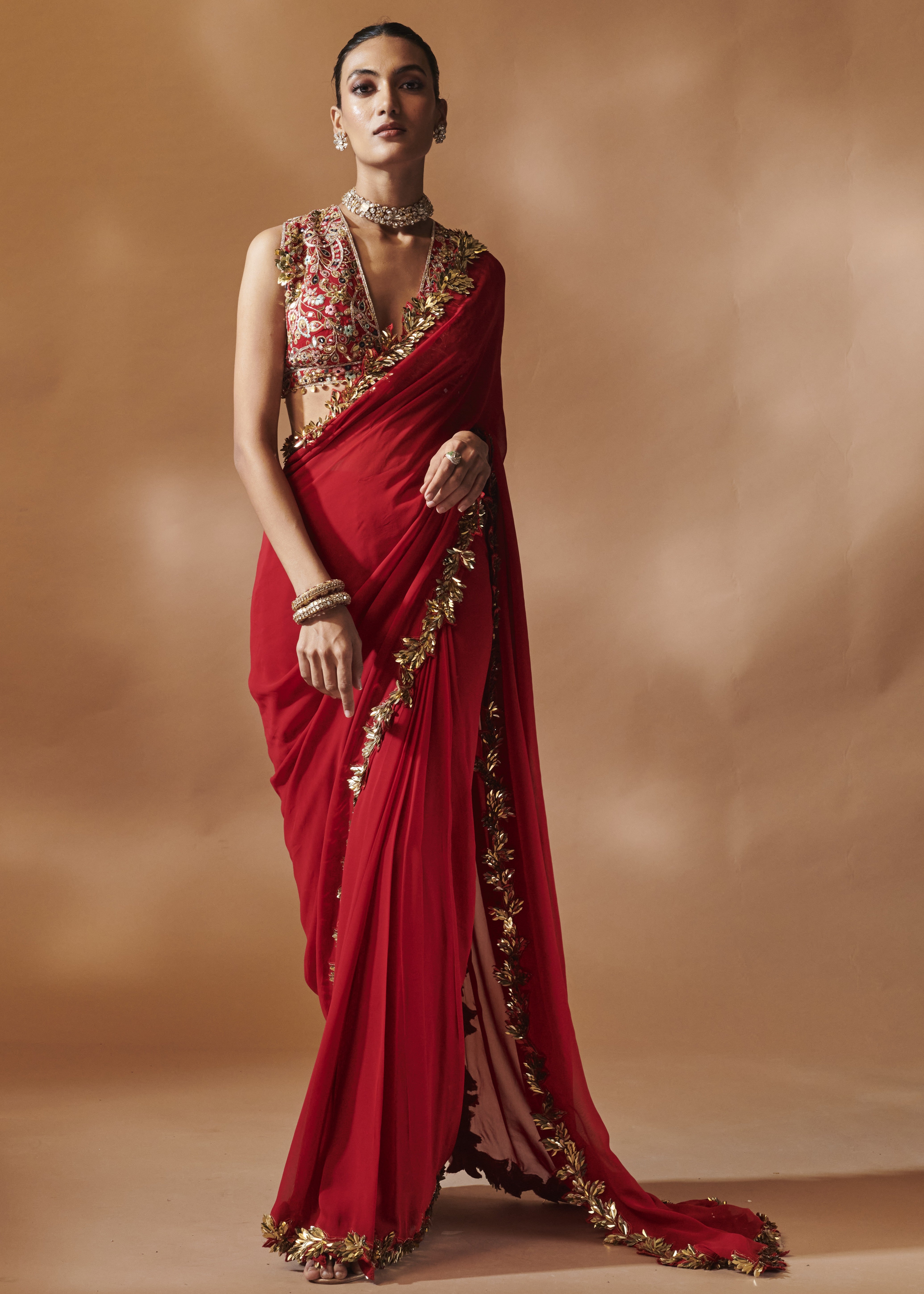 Red and Gold Embroidered Sari Set