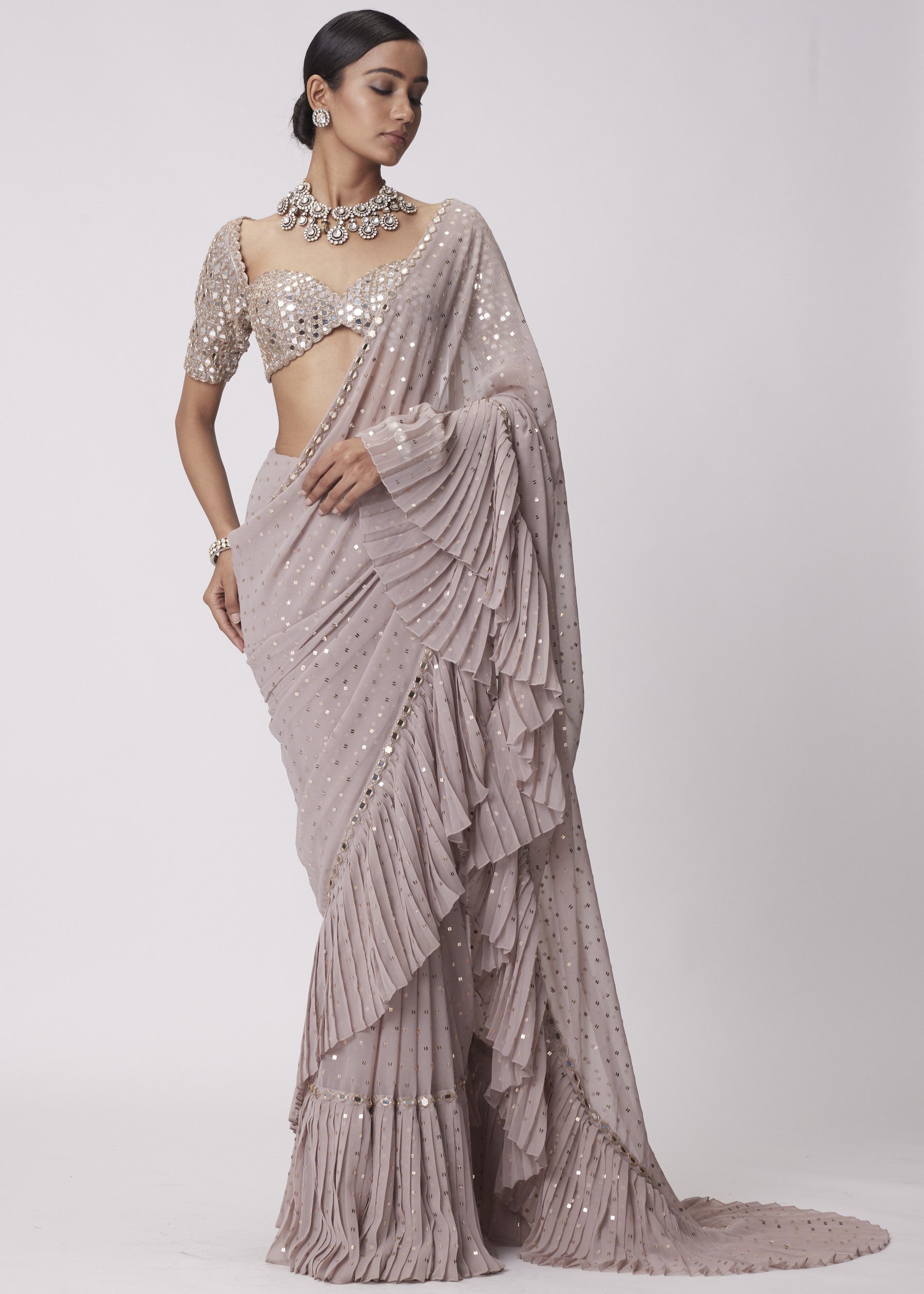 Ash Pink Georgette Frill Sari Set