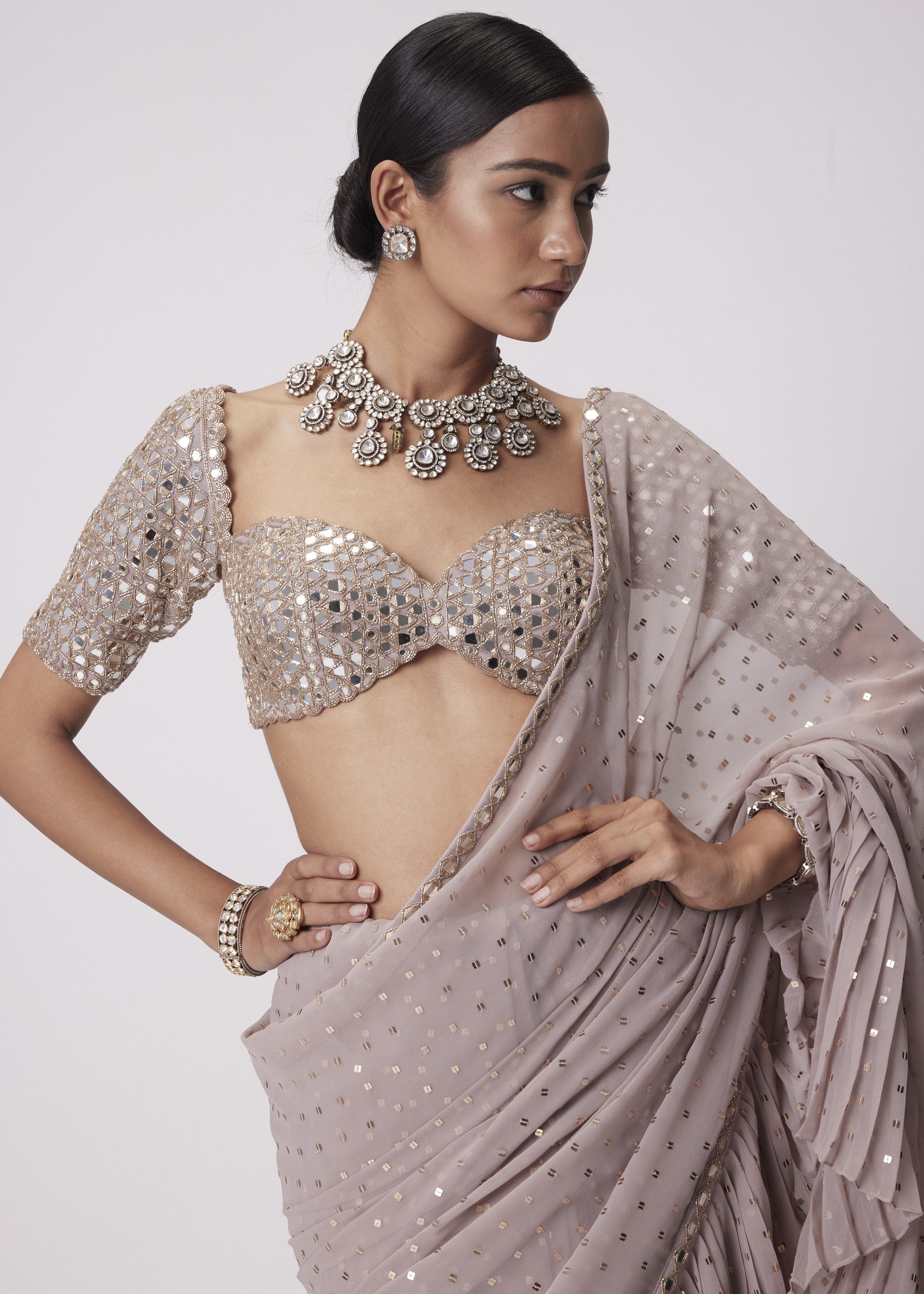Ash Pink Georgette Frill Sari Set
