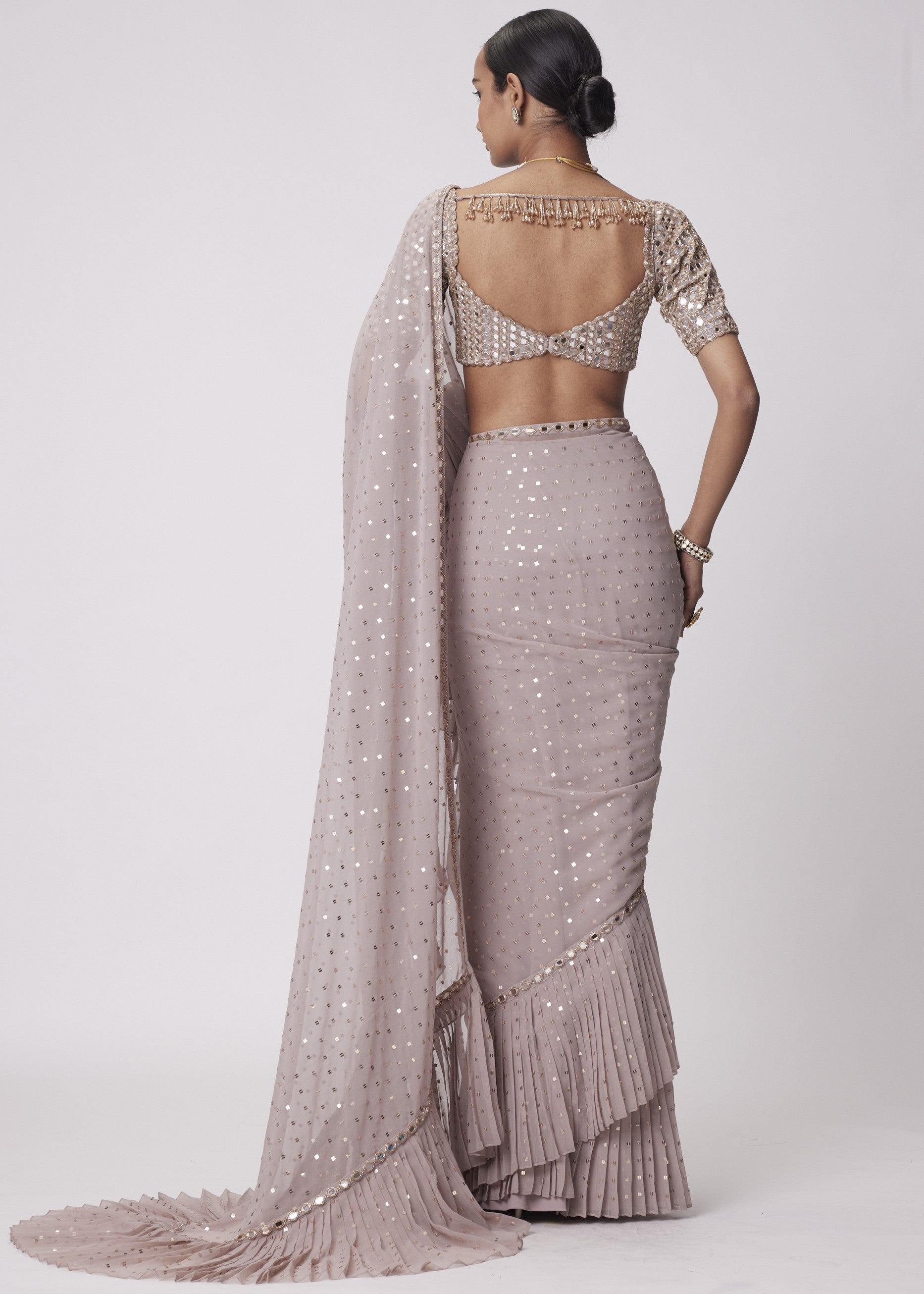 Ash Pink Georgette Frill Sari Set