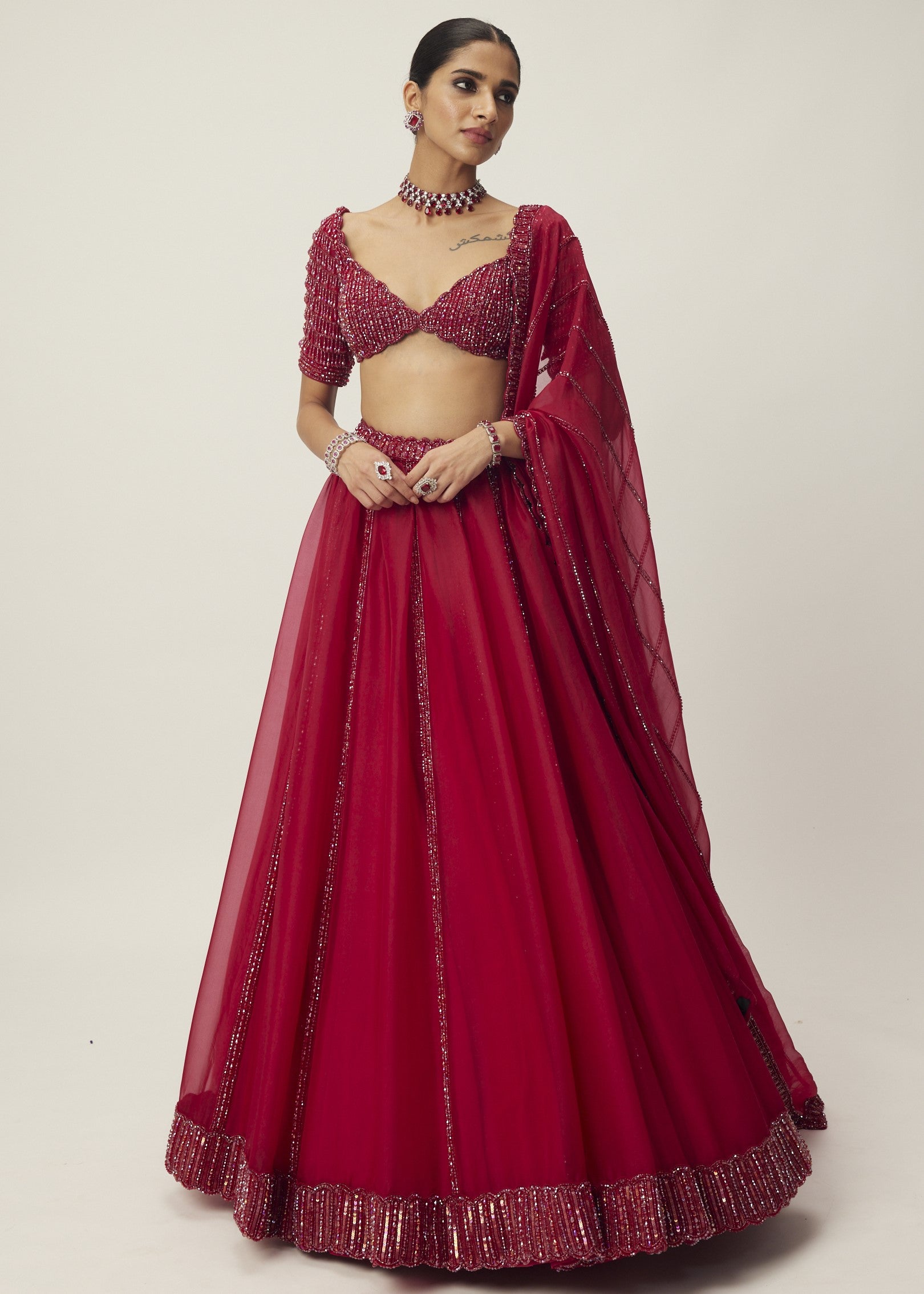 Ruby Red Organza Lehenga Set