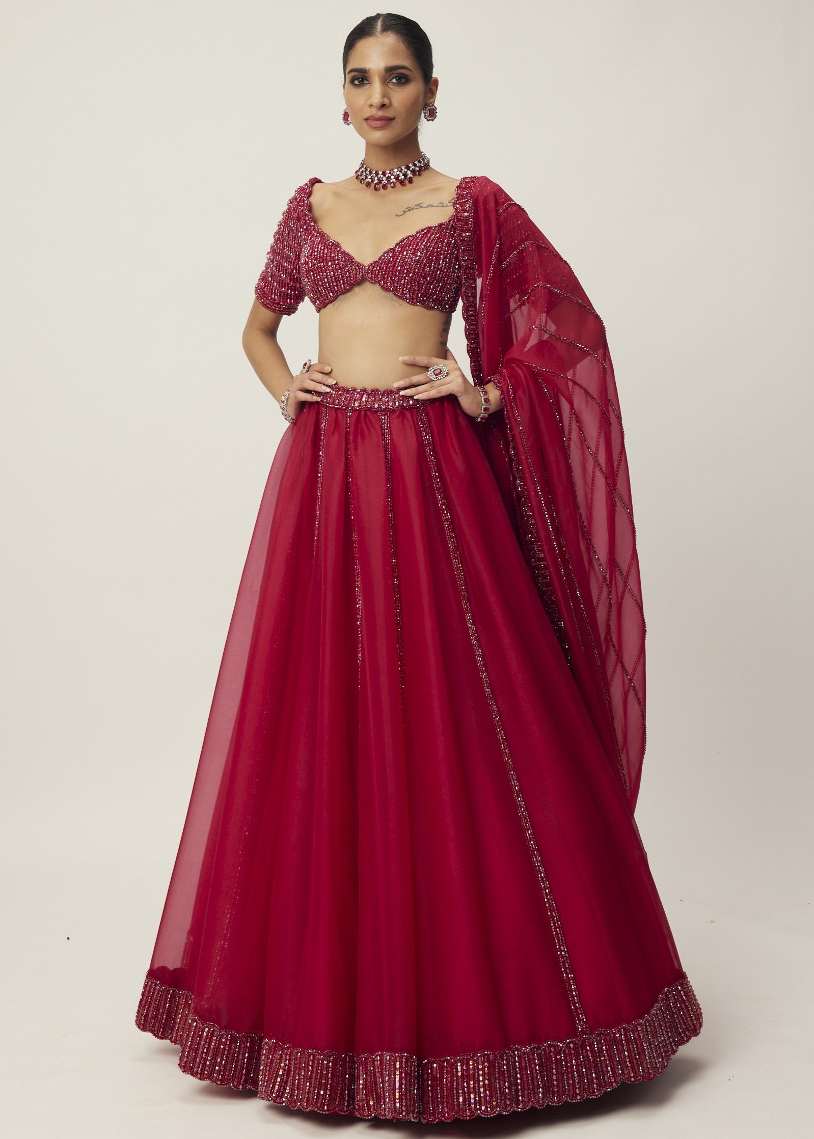 Ruby Red Organza Lehenga Set