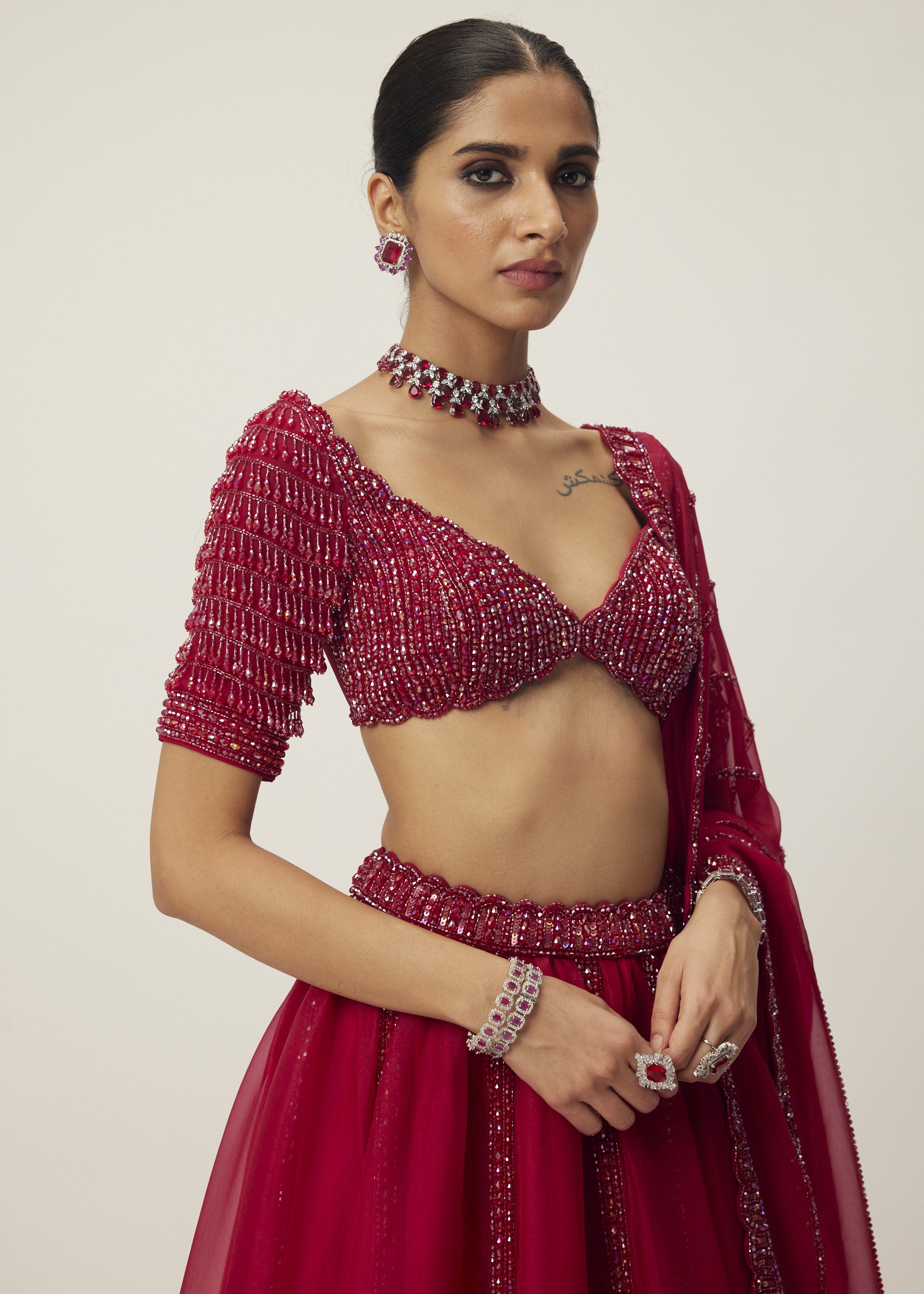 Ruby Red Organza Lehenga Set