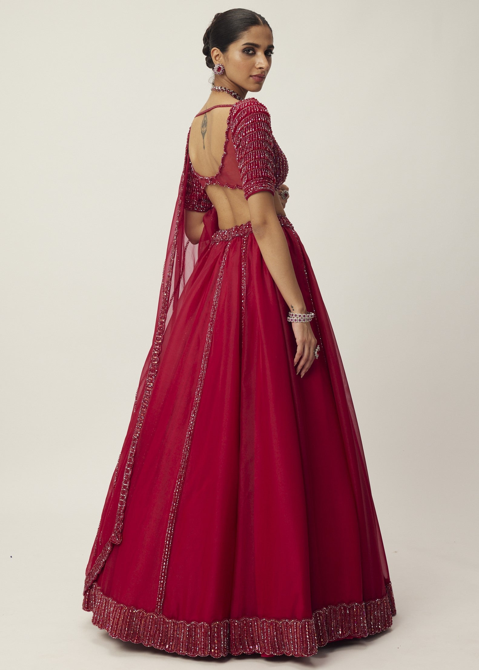 Ruby Red Organza Lehenga Set