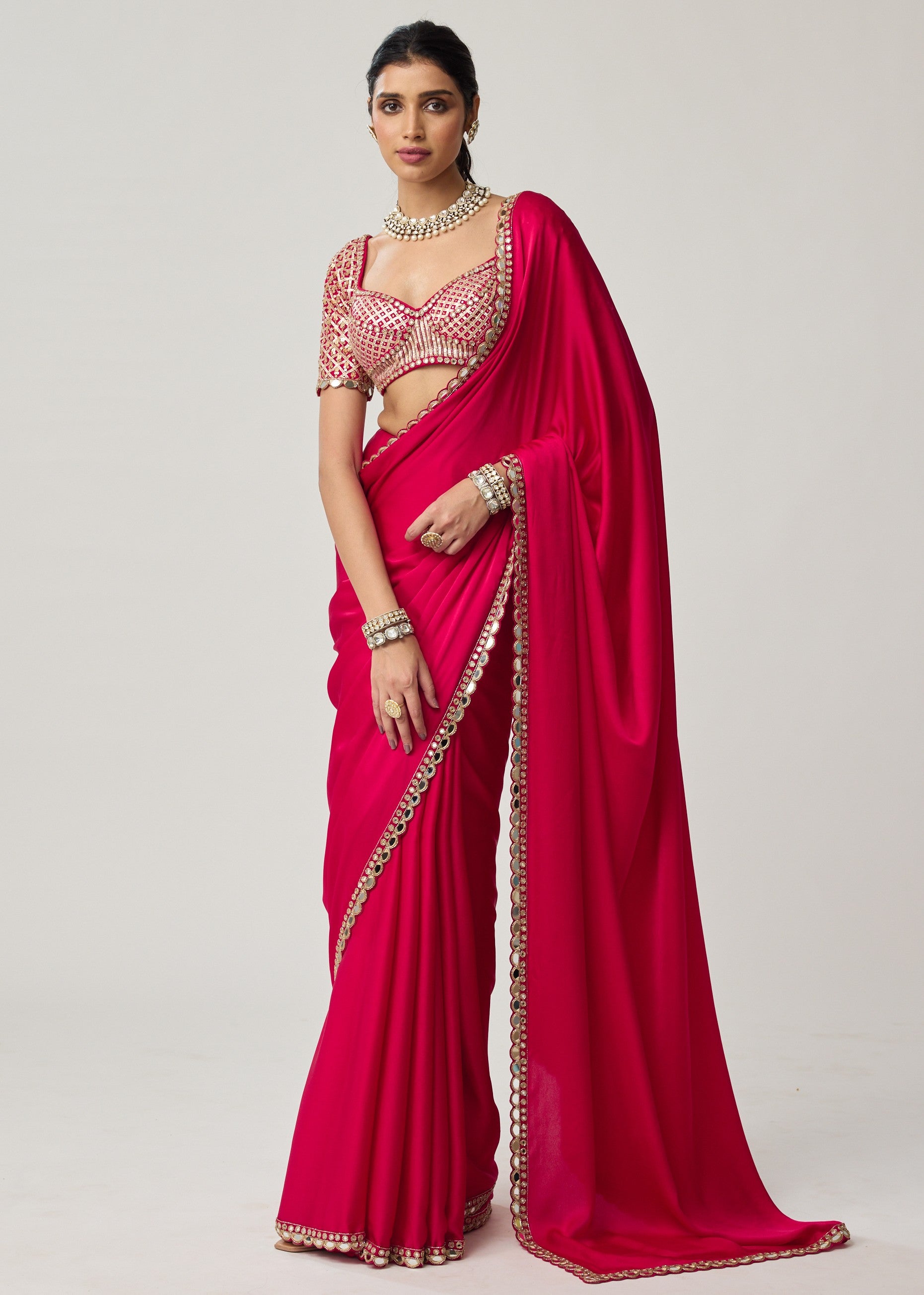 Crimson Red Gota Mirror Satin Sari Set