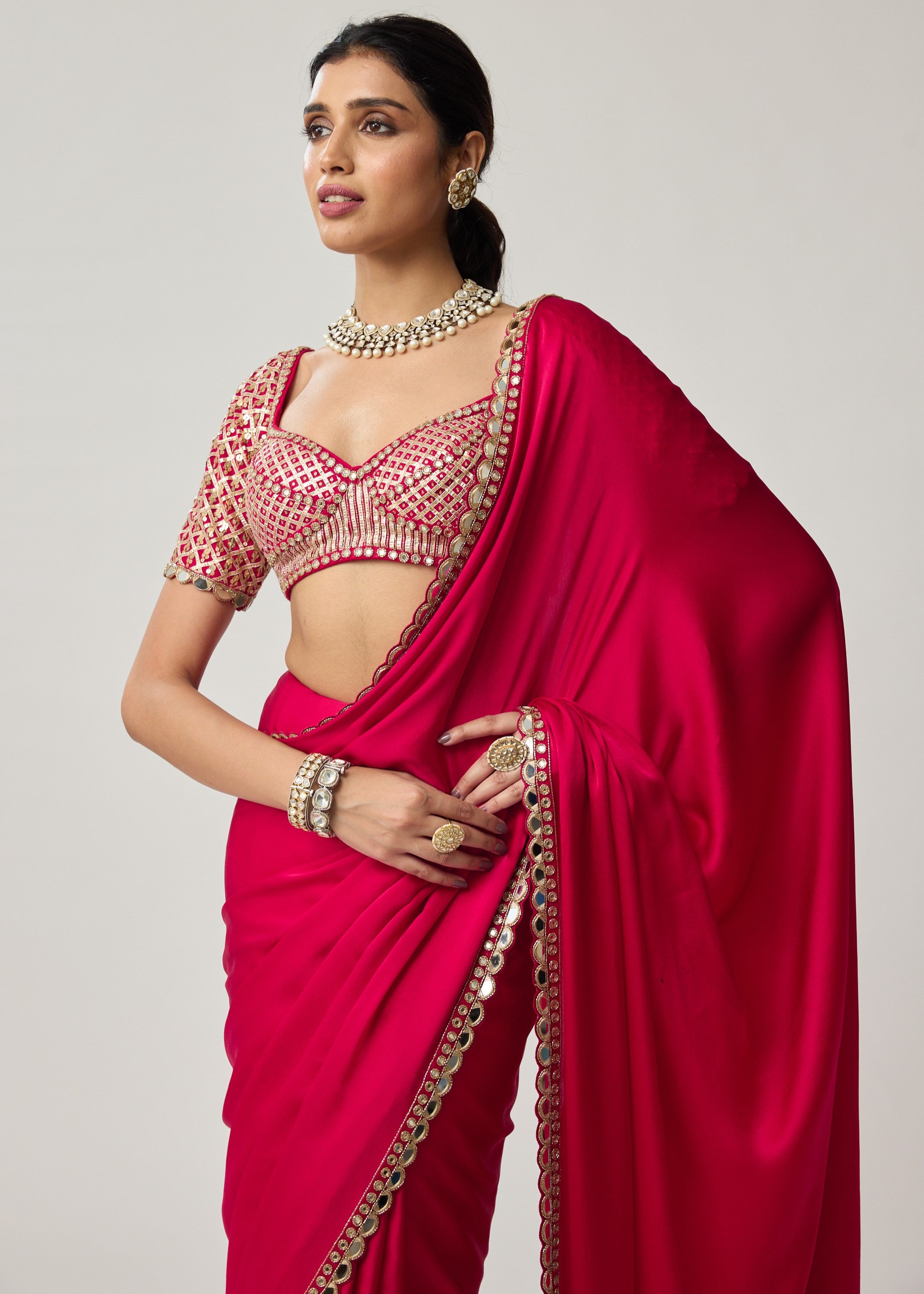 Crimson Red Gota Mirror Satin Sari Set
