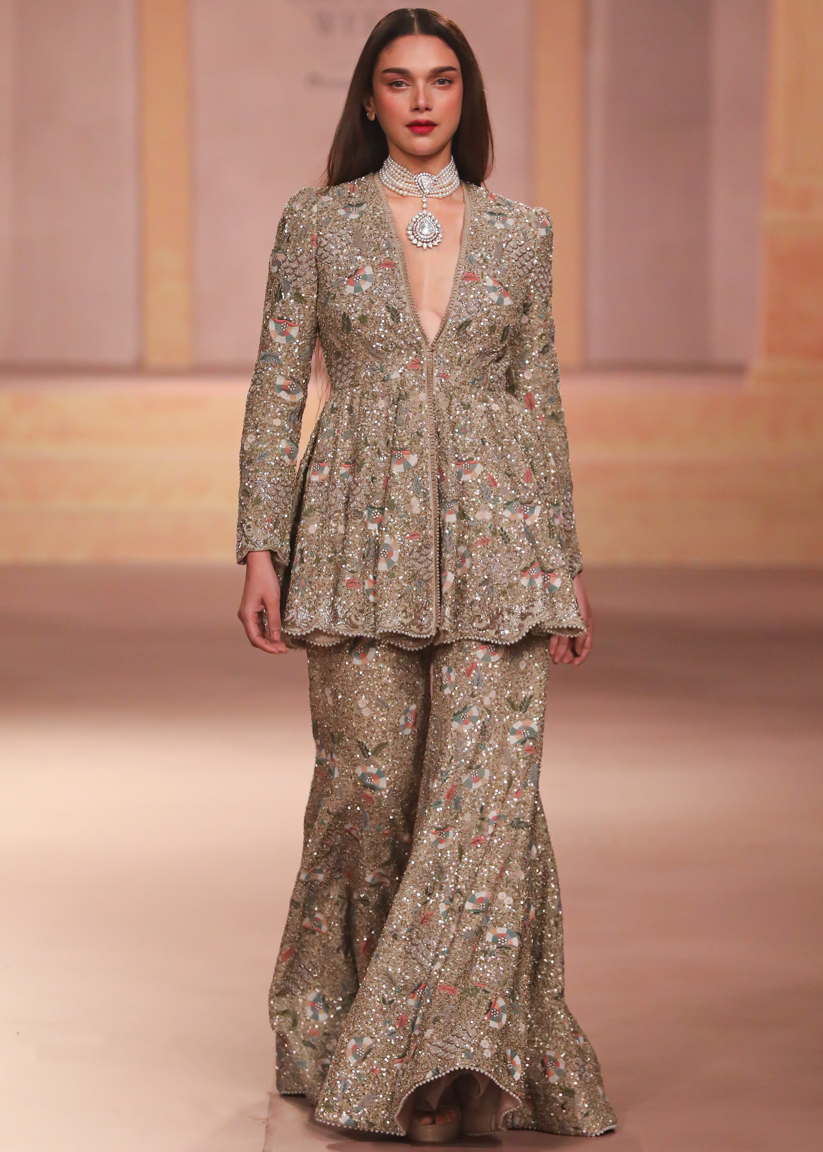 Beige Gold Sharara Peplum Set