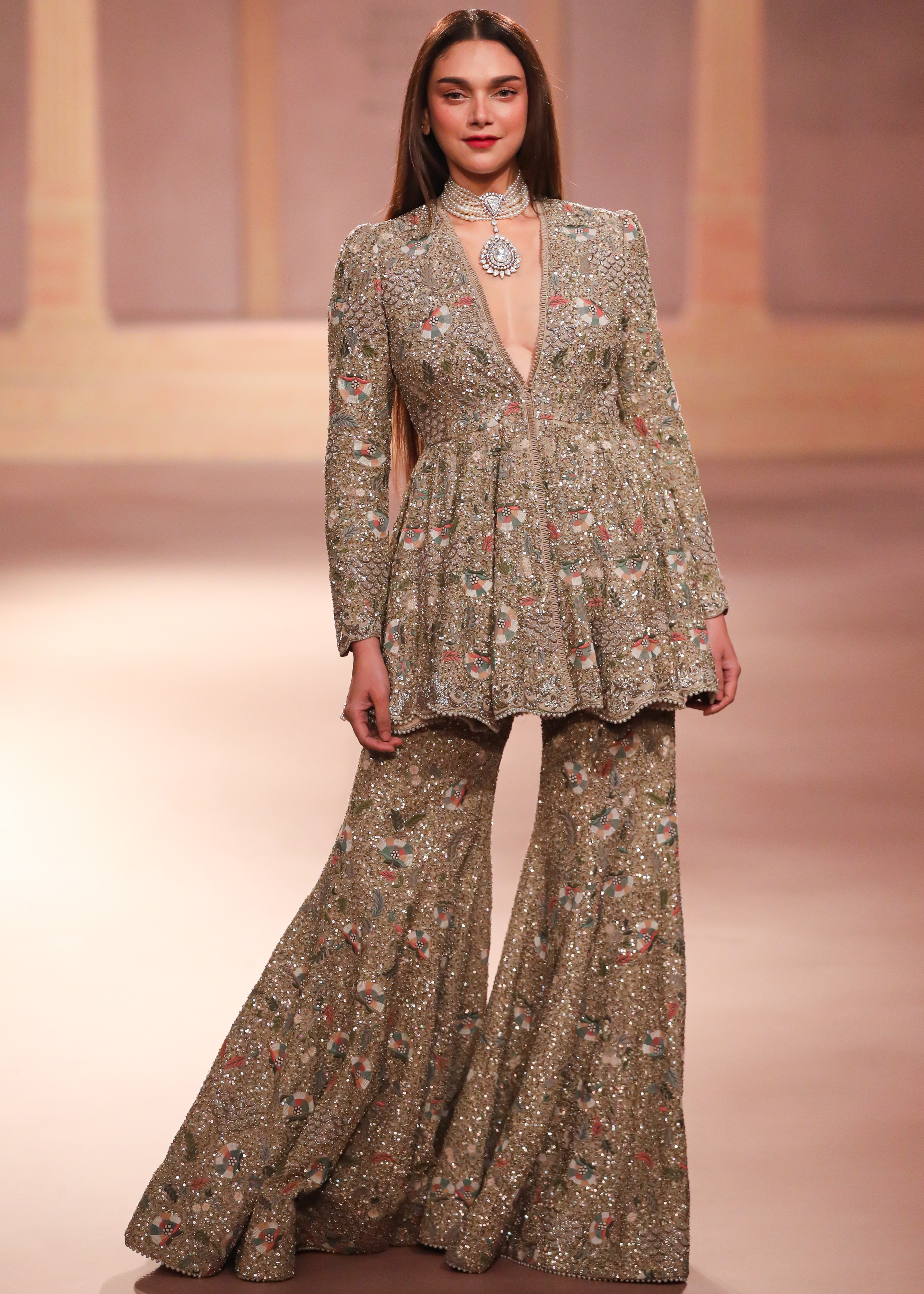 Beige Gold Sharara Peplum Set