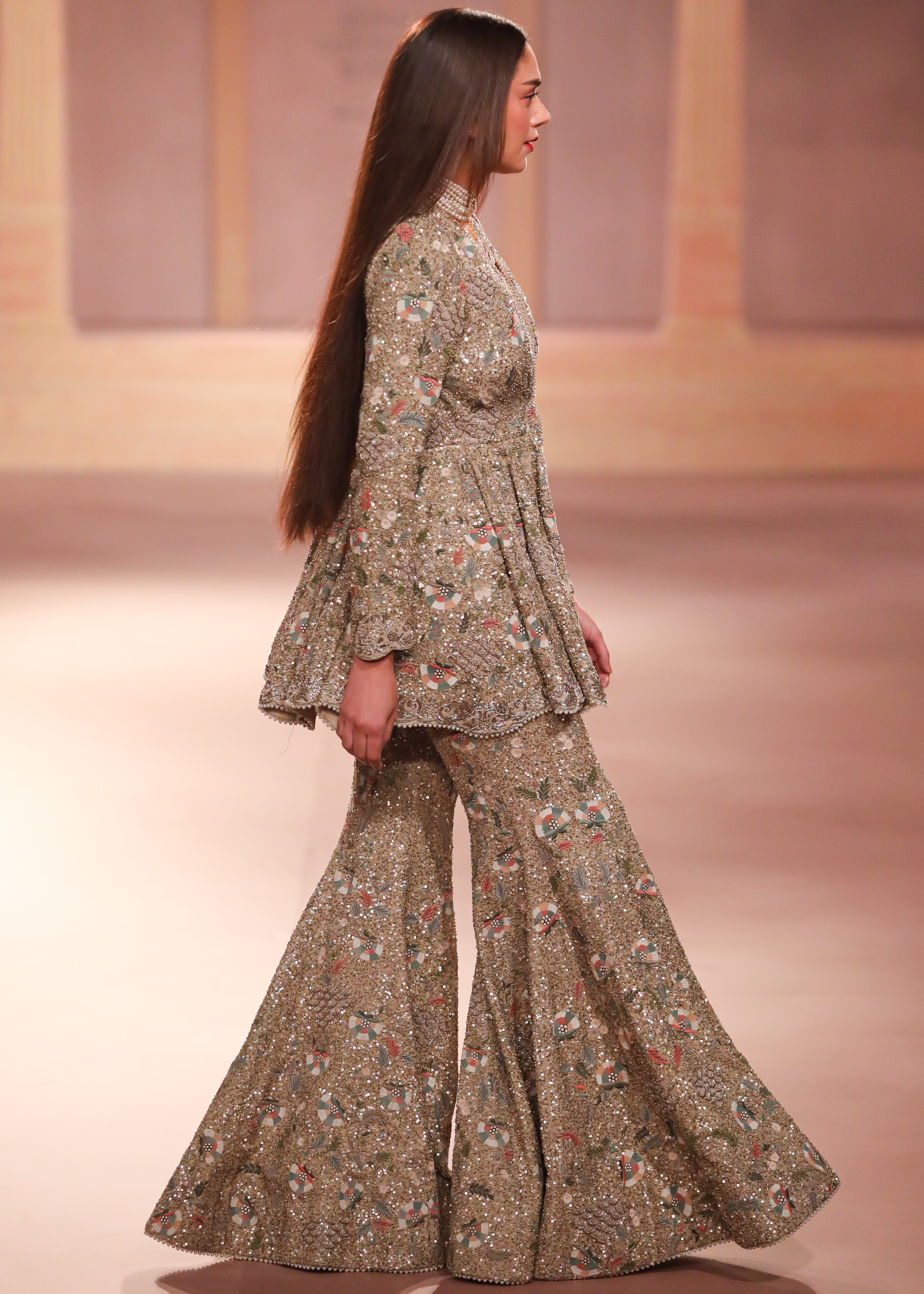 Beige Gold Sharara Peplum Set