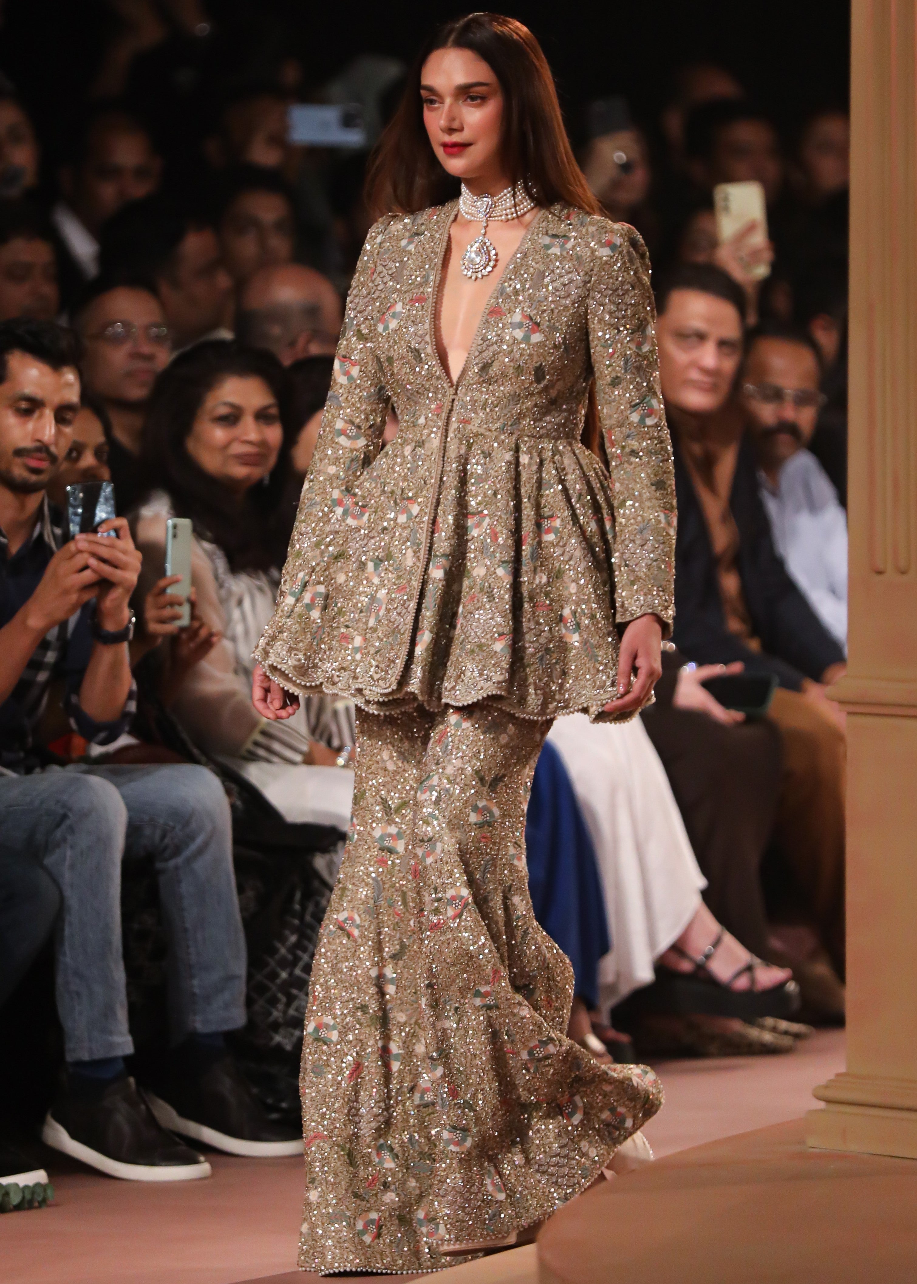 Beige Gold Sharara Peplum Set