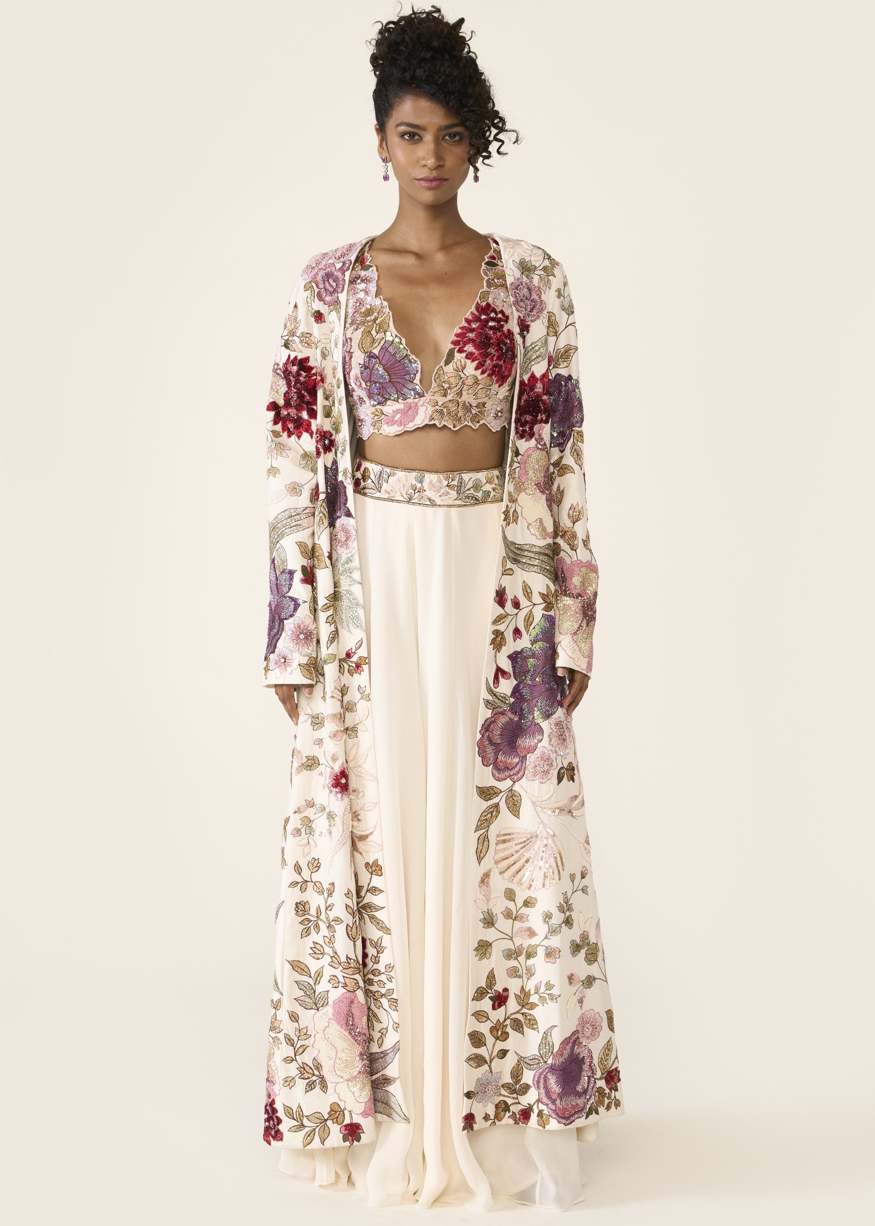 Ivory Embroidered Long Jacket Set
