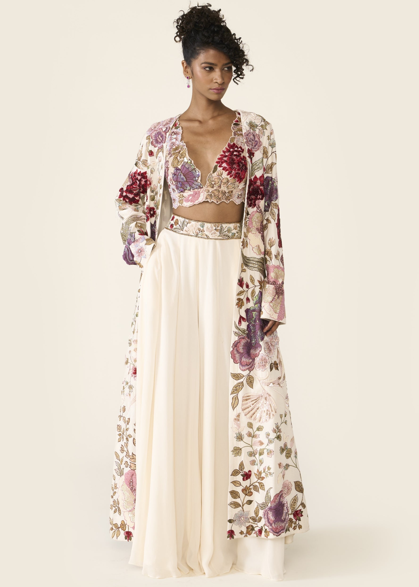 Ivory Embroidered Long Jacket Set