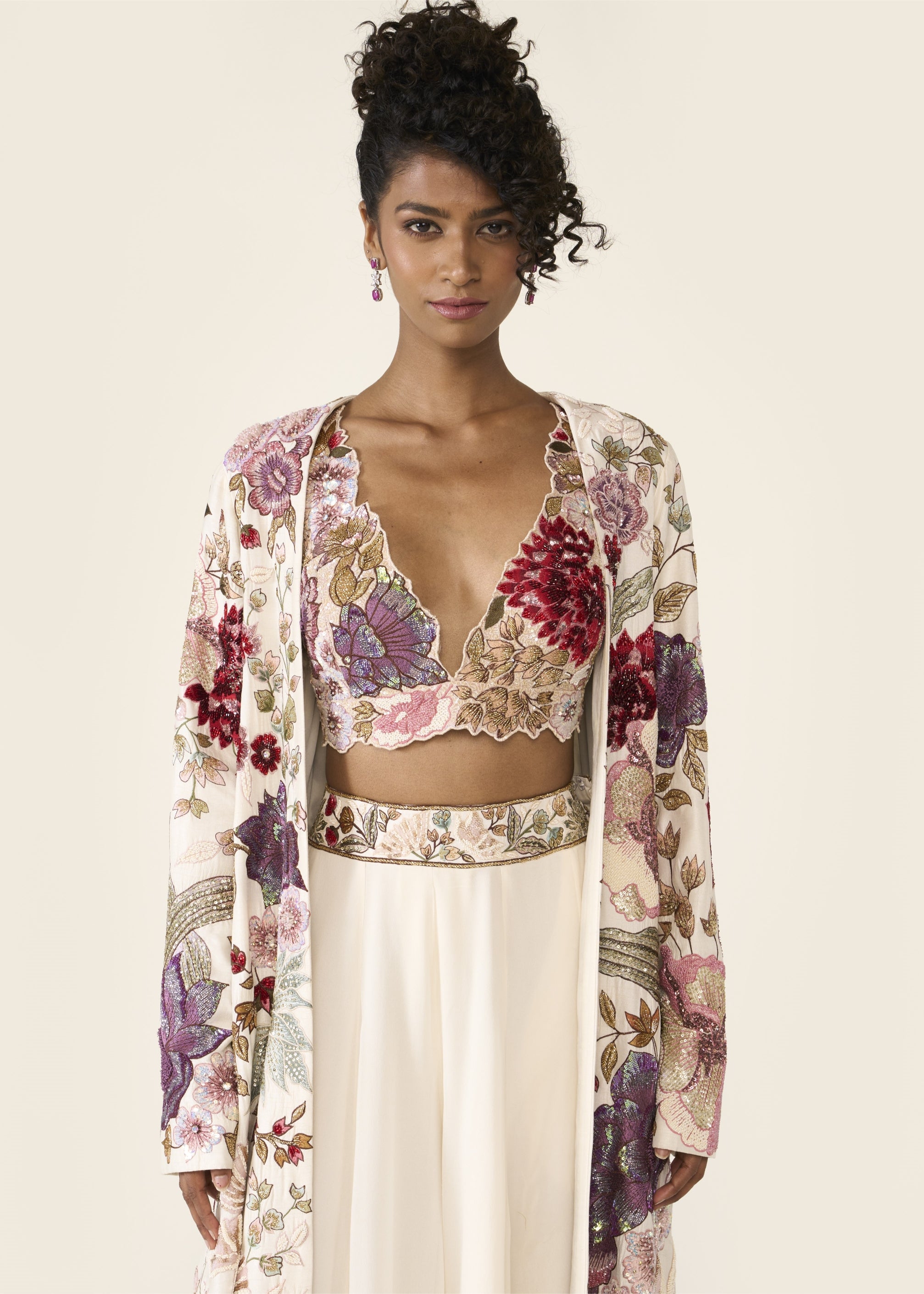 Ivory Embroidered Long Jacket Set