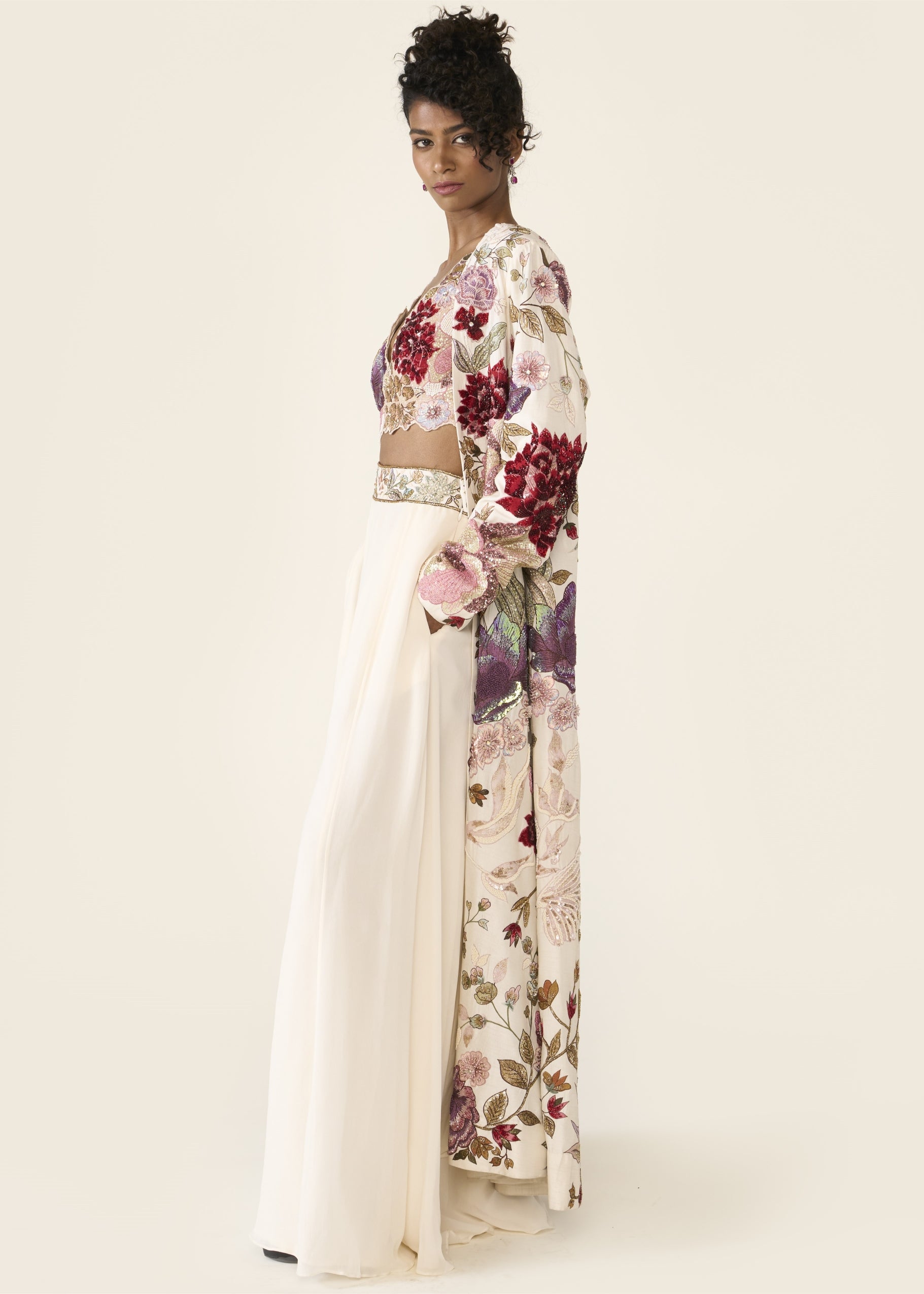 Ivory Embroidered Long Jacket Set