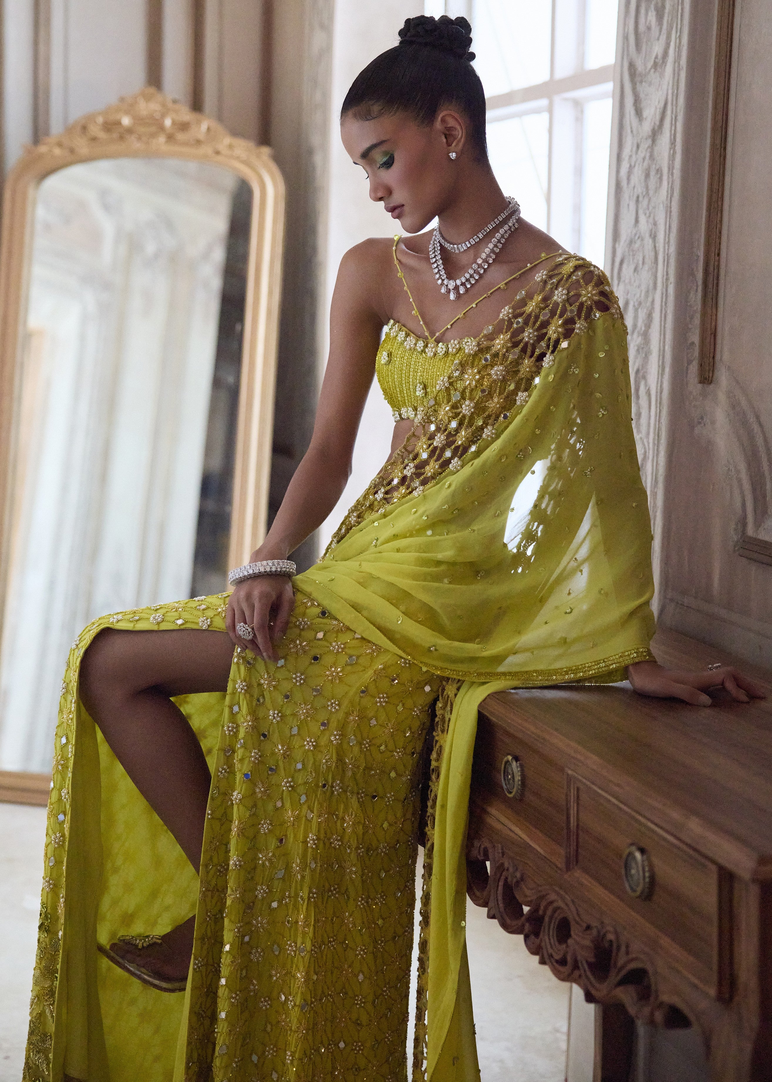 Neon Green Slit Sari With Cut-work Palla