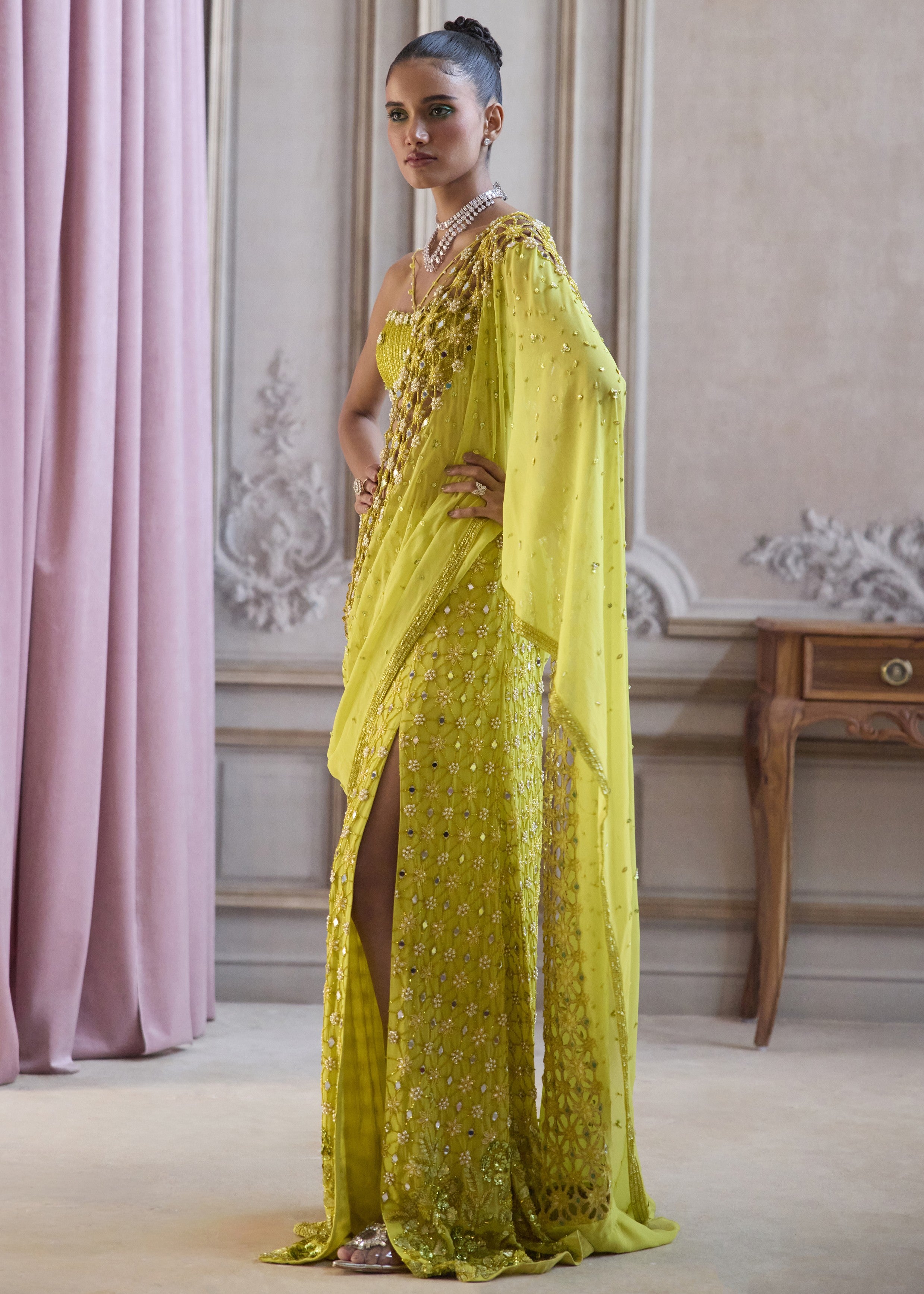 Neon Green Slit Sari With Cut-work Palla