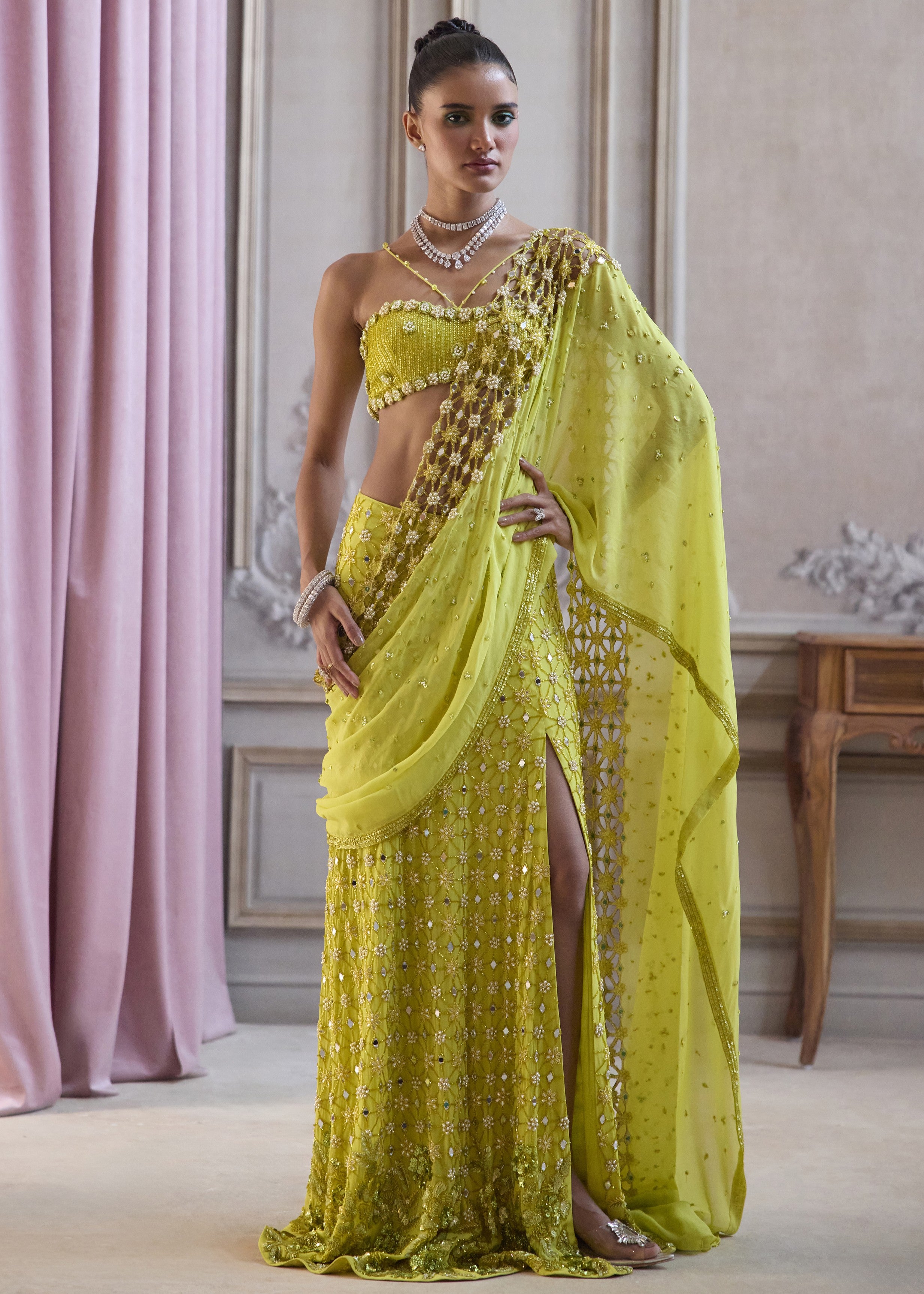 Neon Green Slit Sari With Cut-work Palla