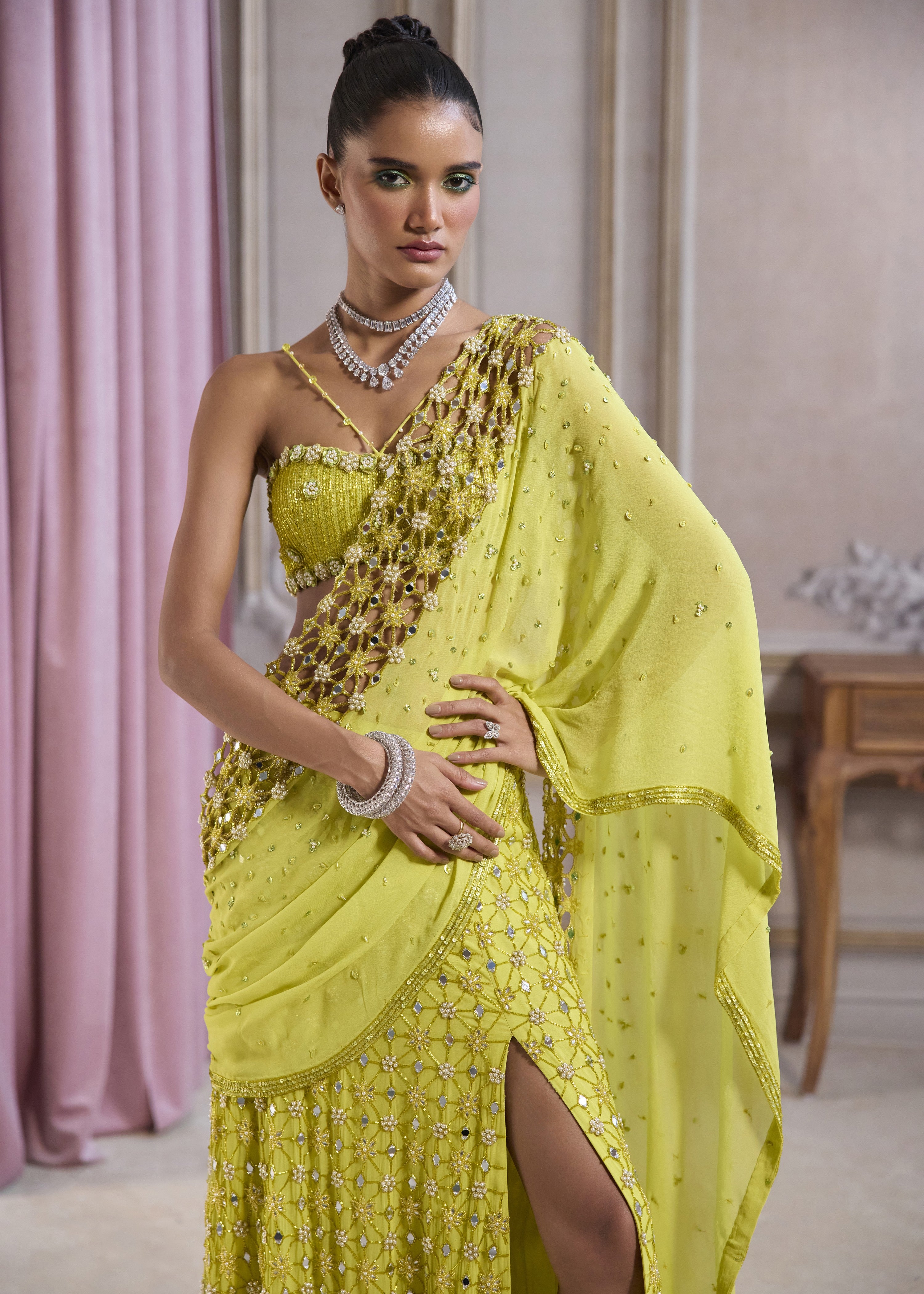 Neon Green Slit Sari With Cut-work Palla