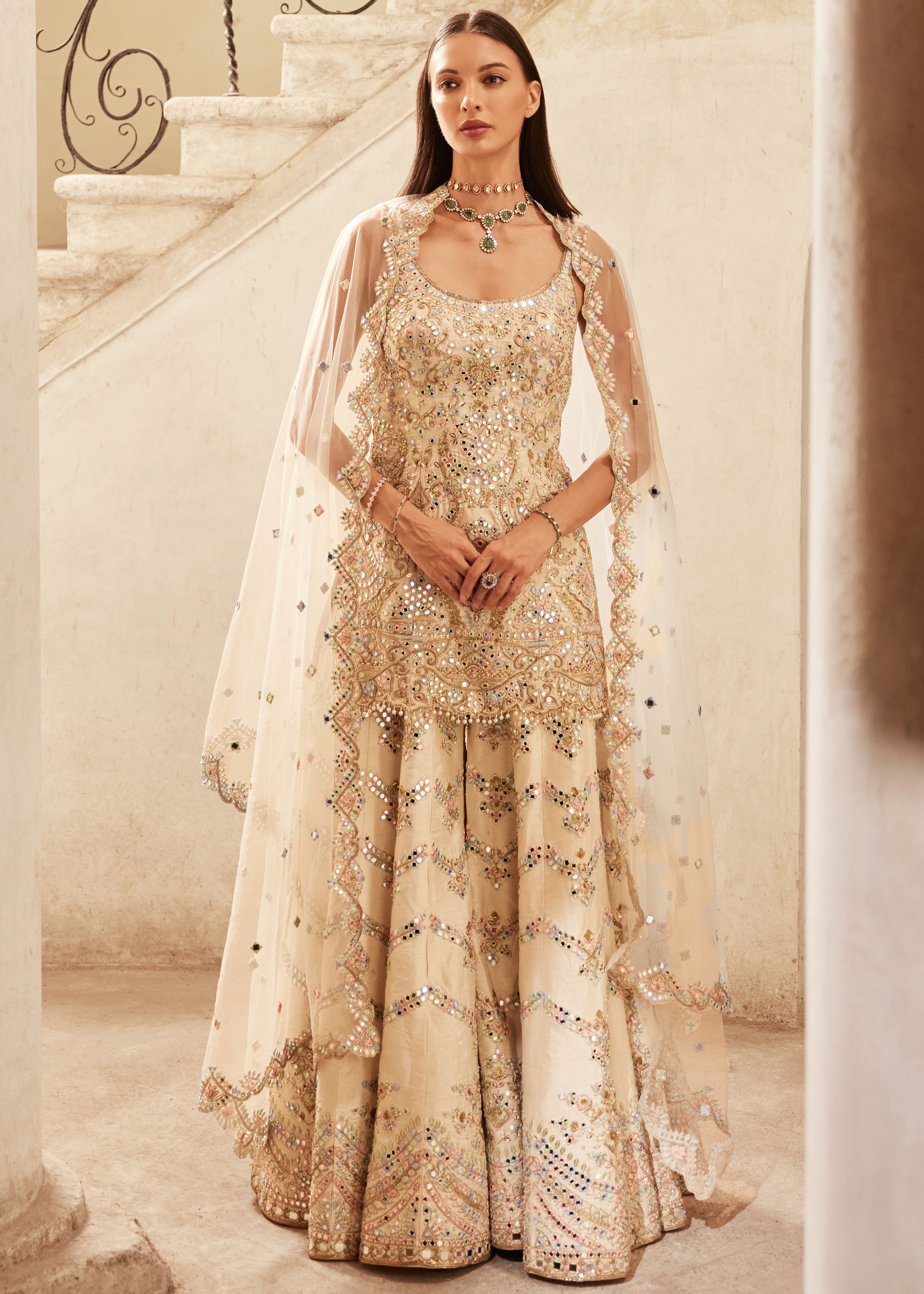 Ivory Chevron Mirror Sharara Set