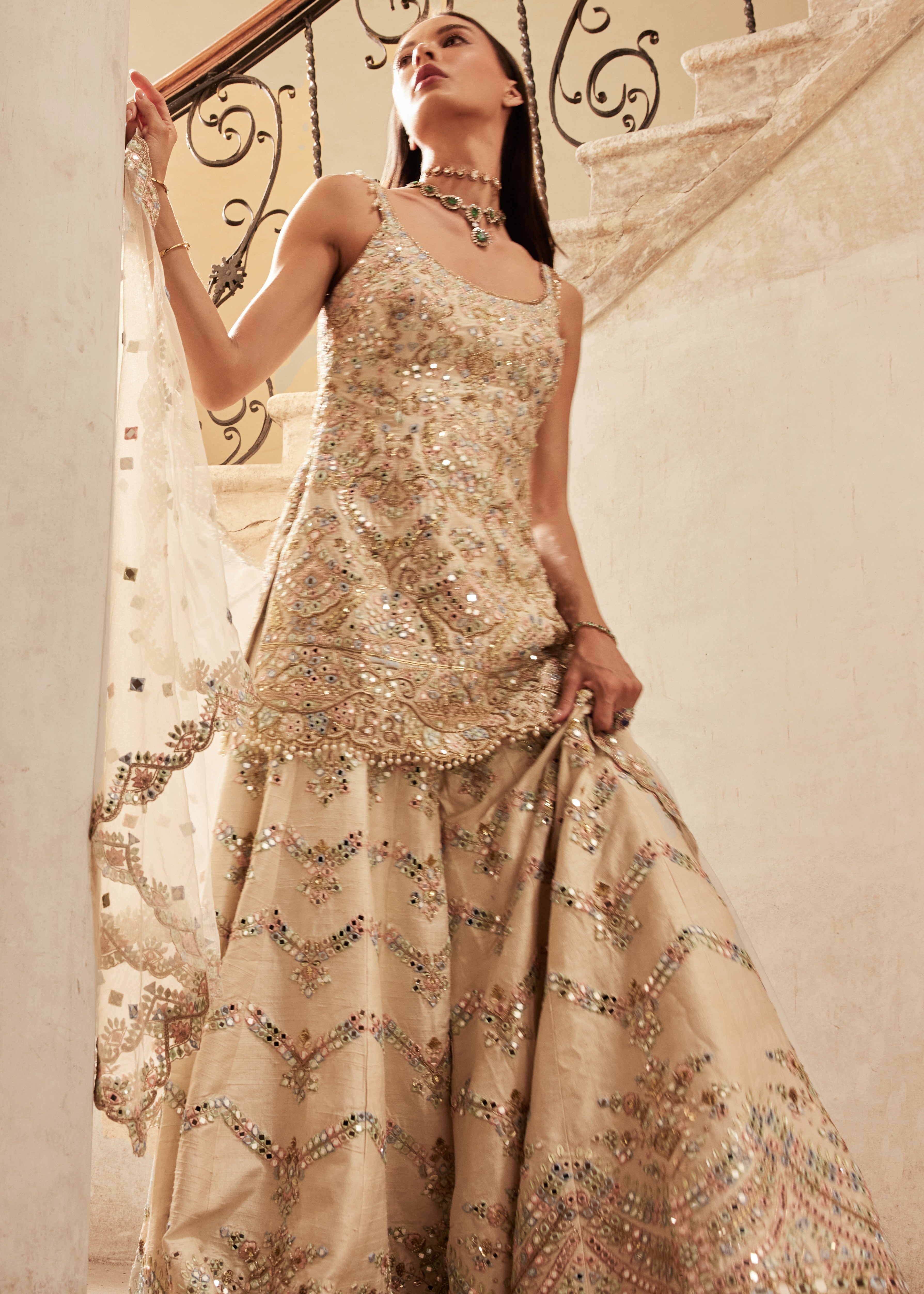 Ivory Chevron Mirror Sharara Set