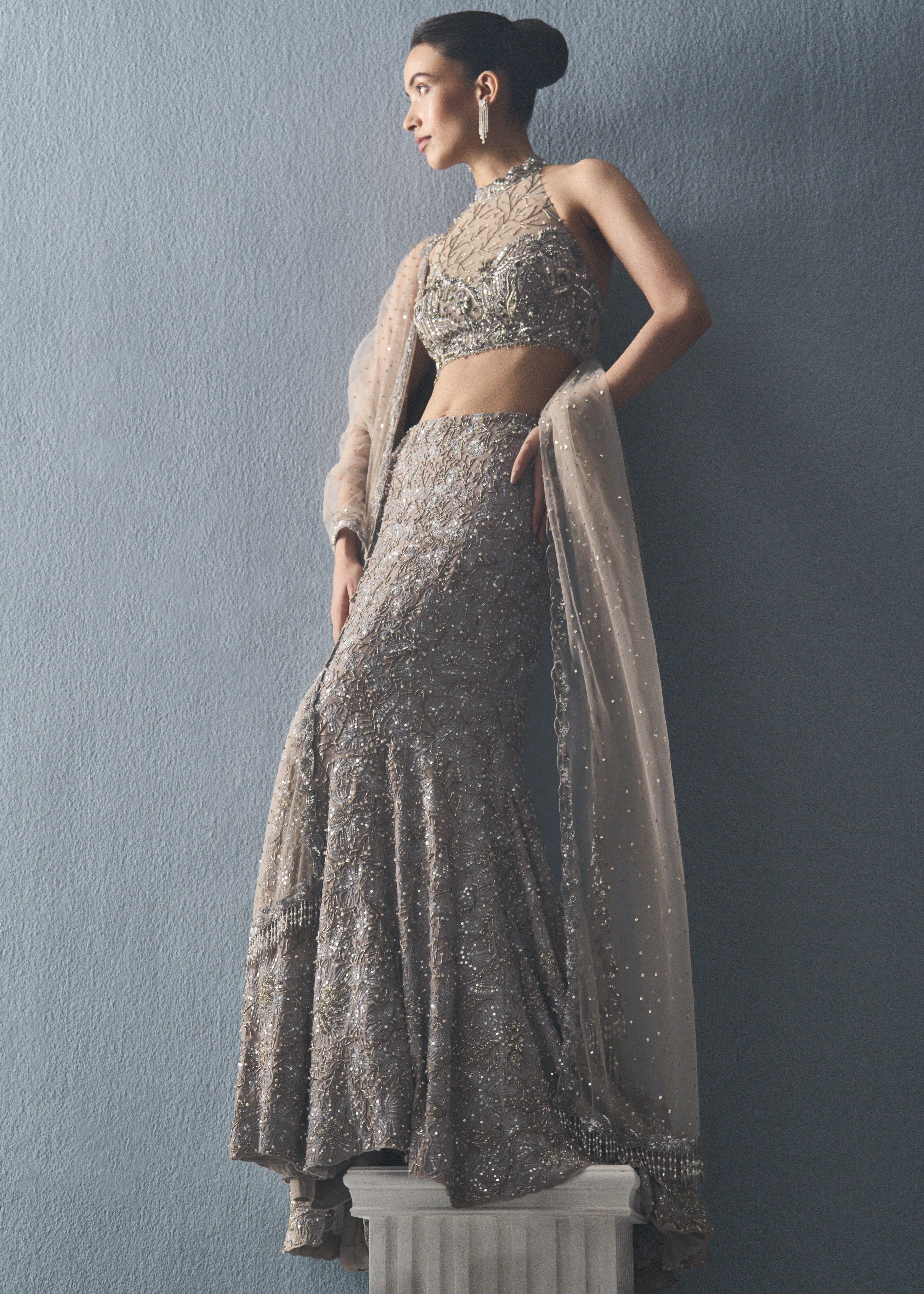 Grey Tulle Fit And Flare Lehenga Set