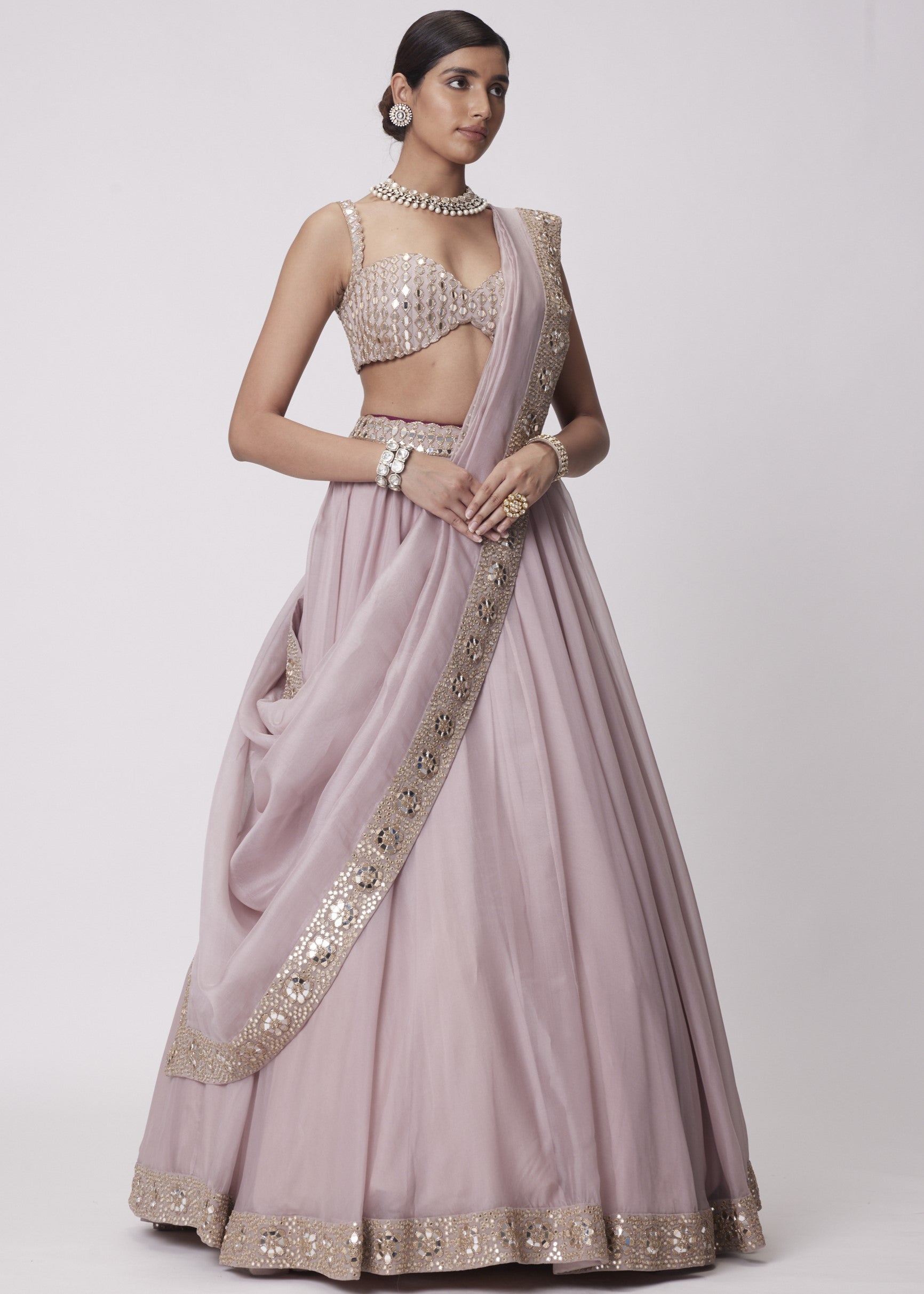 Ash Pink Mirror Hand Embroidered Lehenga Set