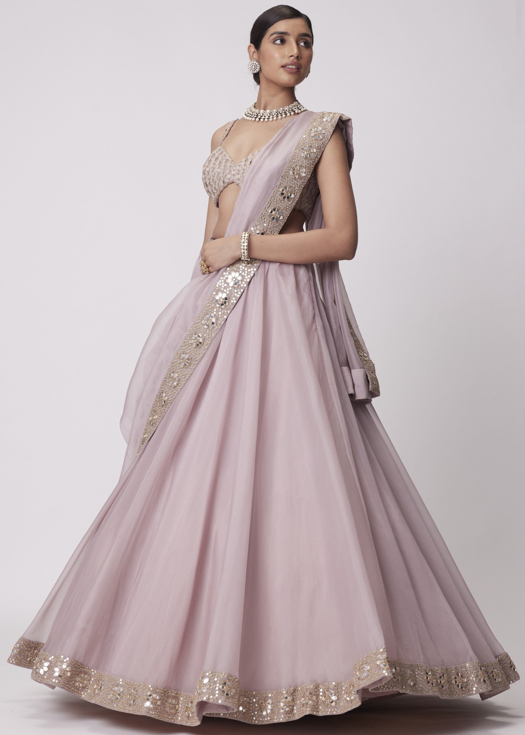 Ash Pink Mirror Hand Embroidered Lehenga Set
