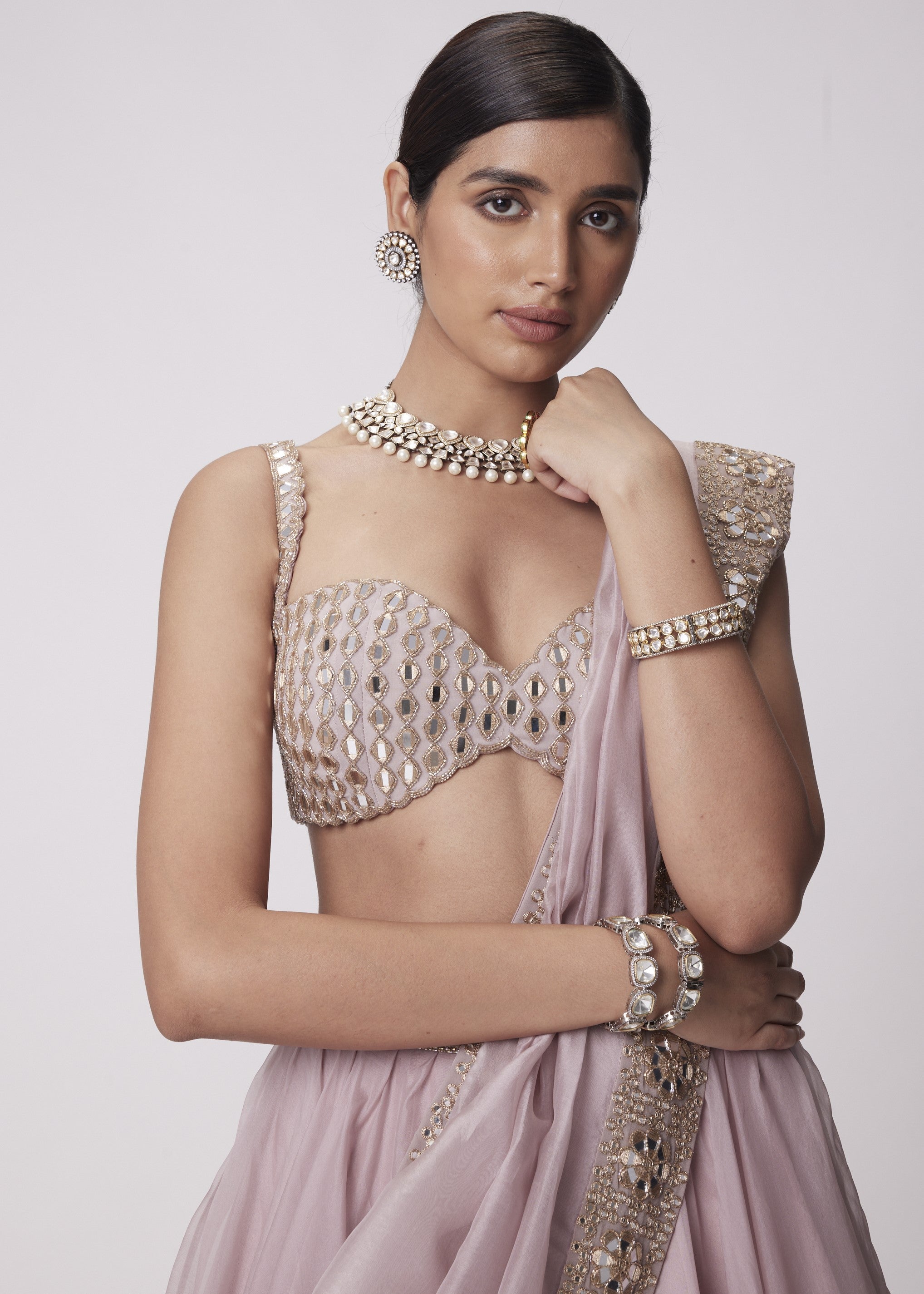 Ash Pink Mirror Hand Embroidered Lehenga Set