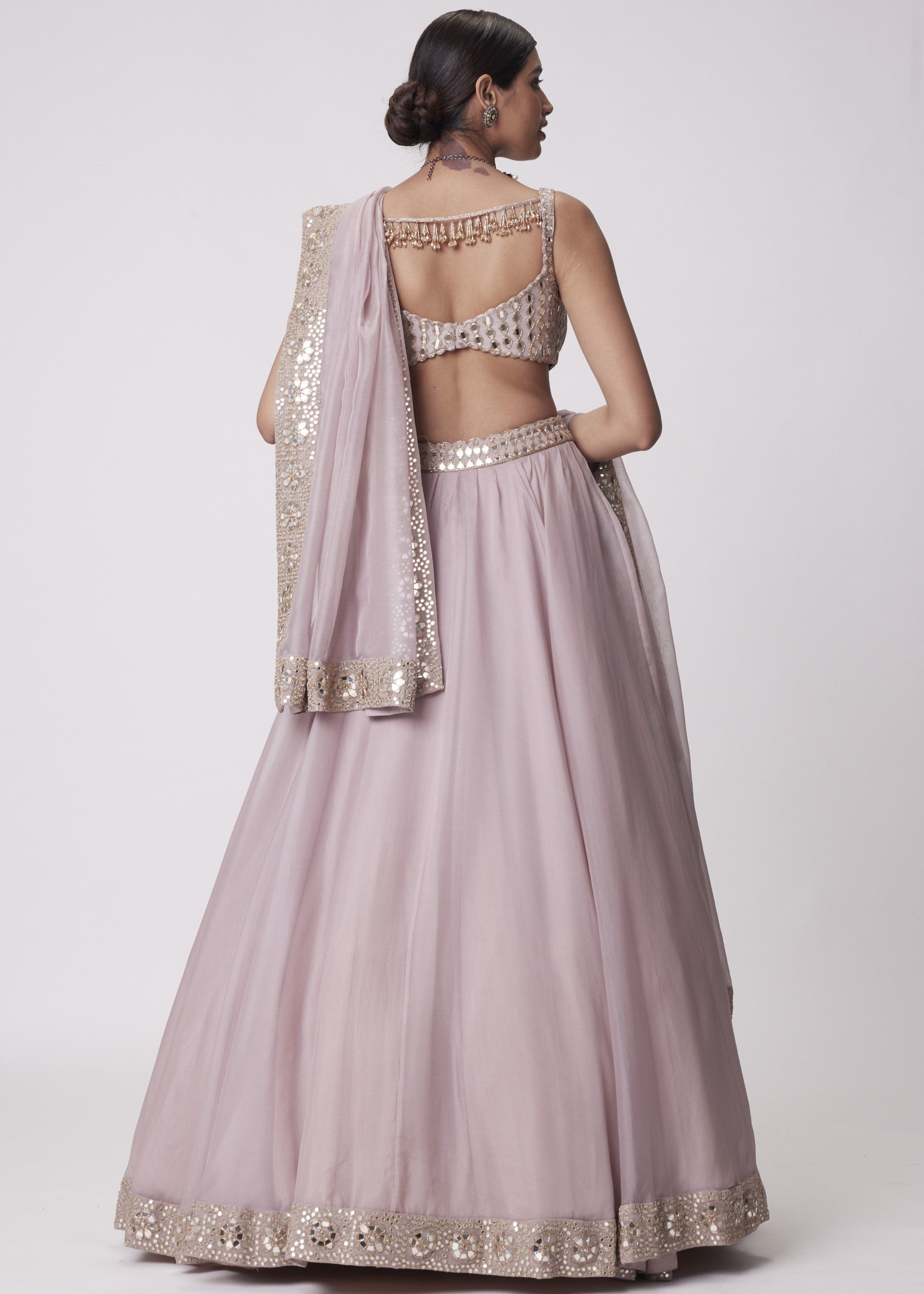 Ash Pink Mirror Hand Embroidered Lehenga Set