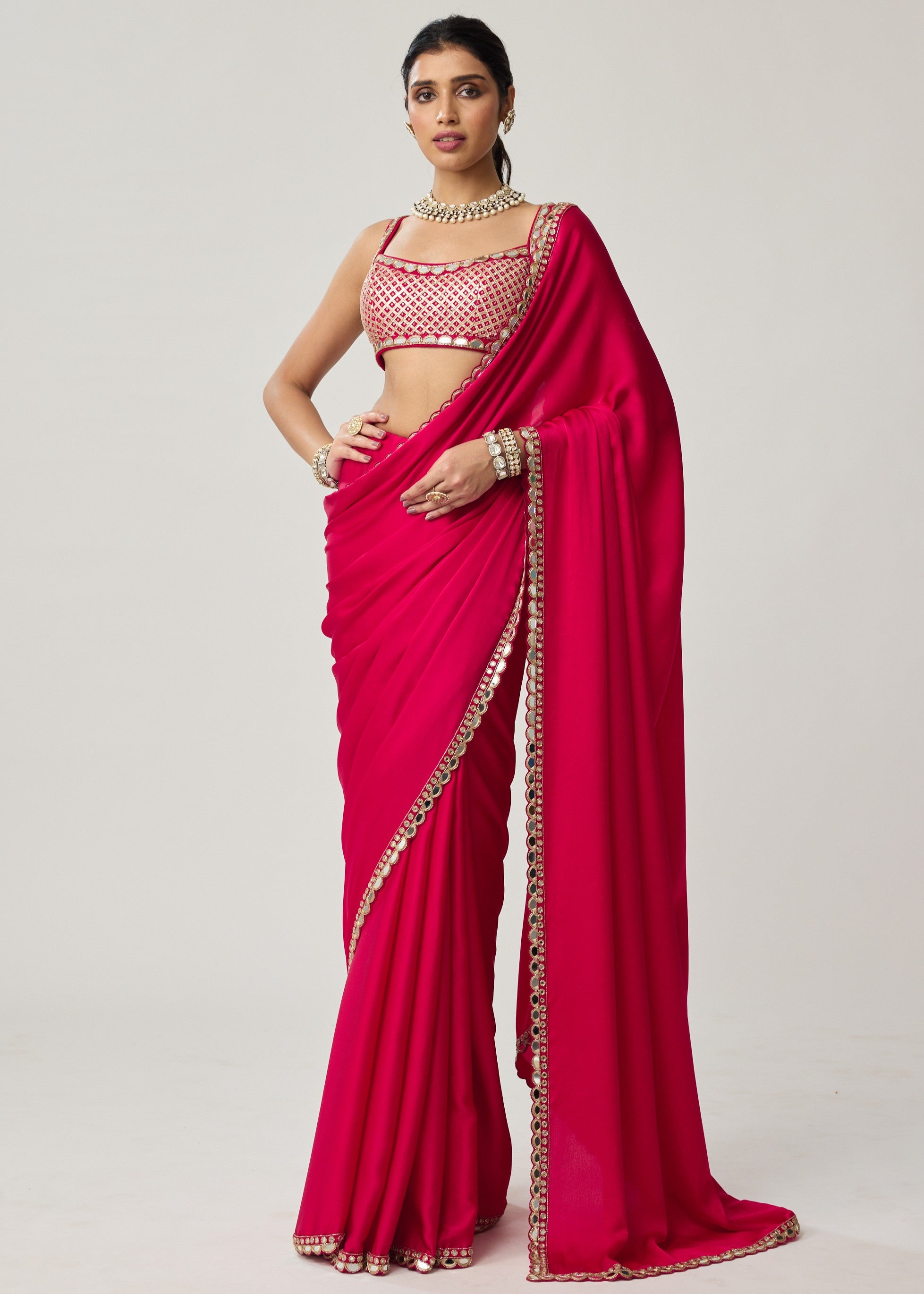 Crimson Red Gota And Mirror Embroidered Sari Set