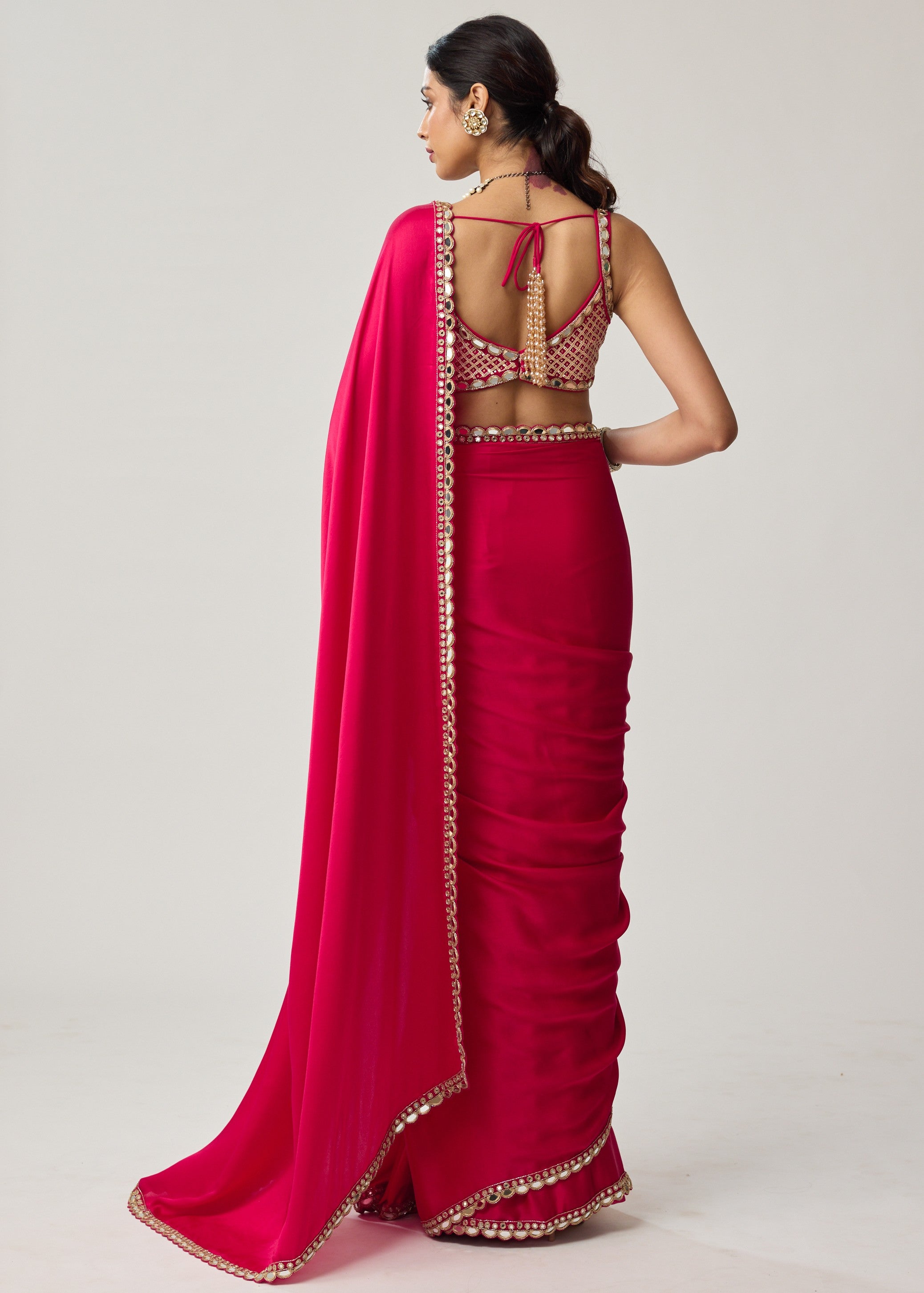 Crimson Red Gota And Mirror Embroidered Sari Set