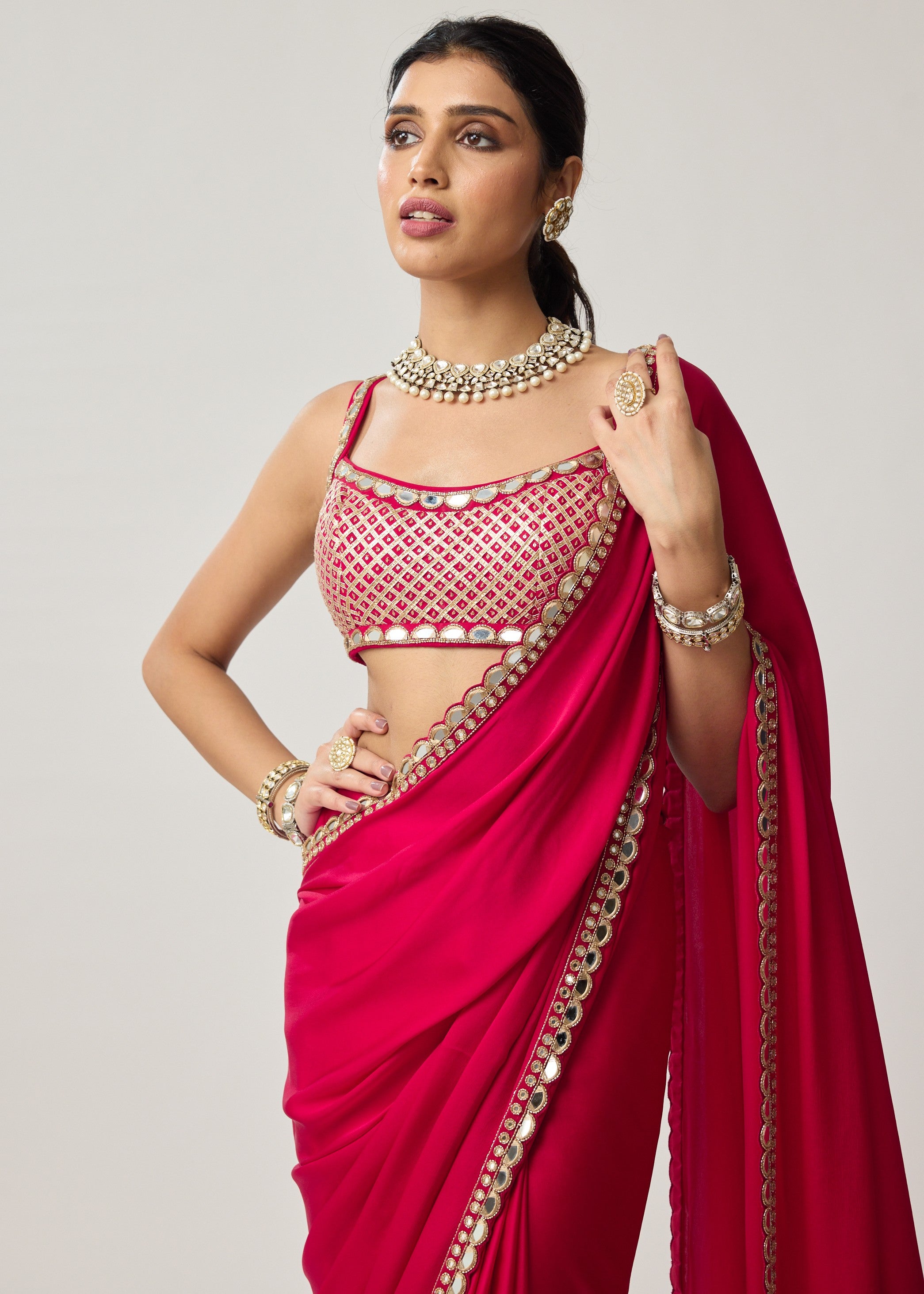 Crimson Red Gota And Mirror Embroidered Sari Set