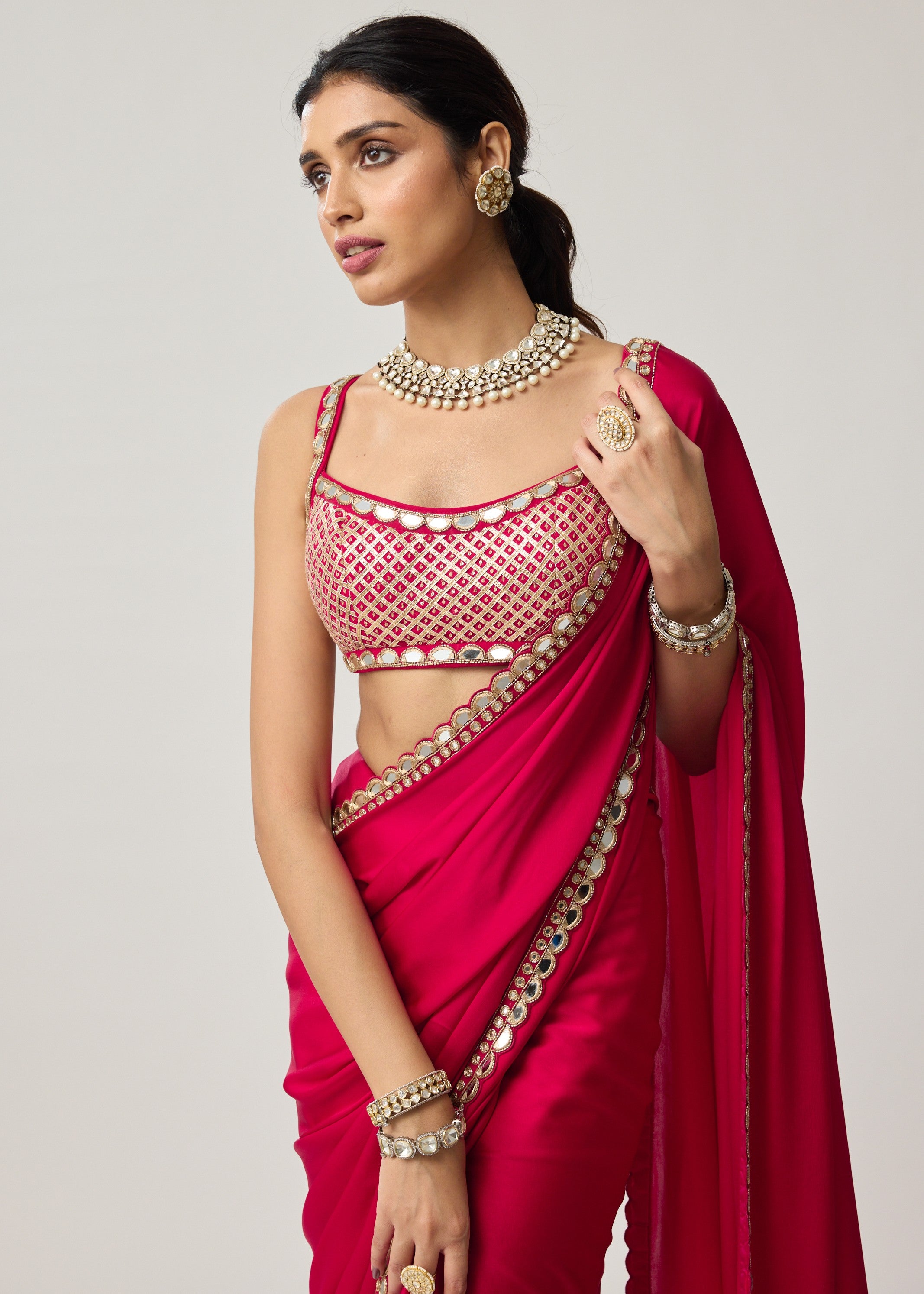 Crimson Red Gota And Mirror Embroidered Sari Set