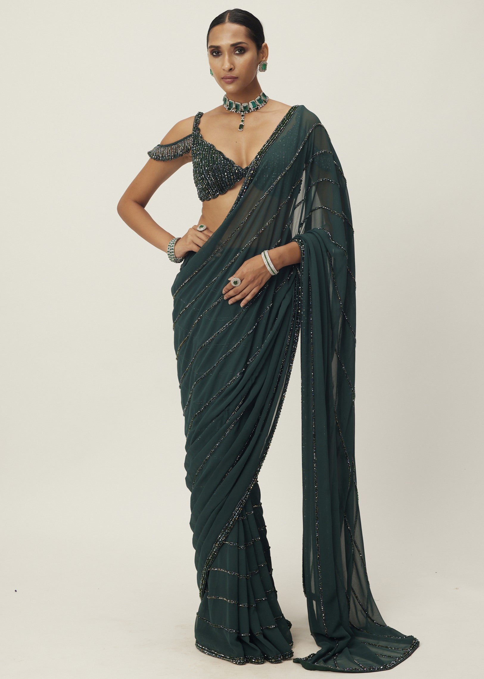 Dark Jade Green Crystal Linear Embroidered Sari