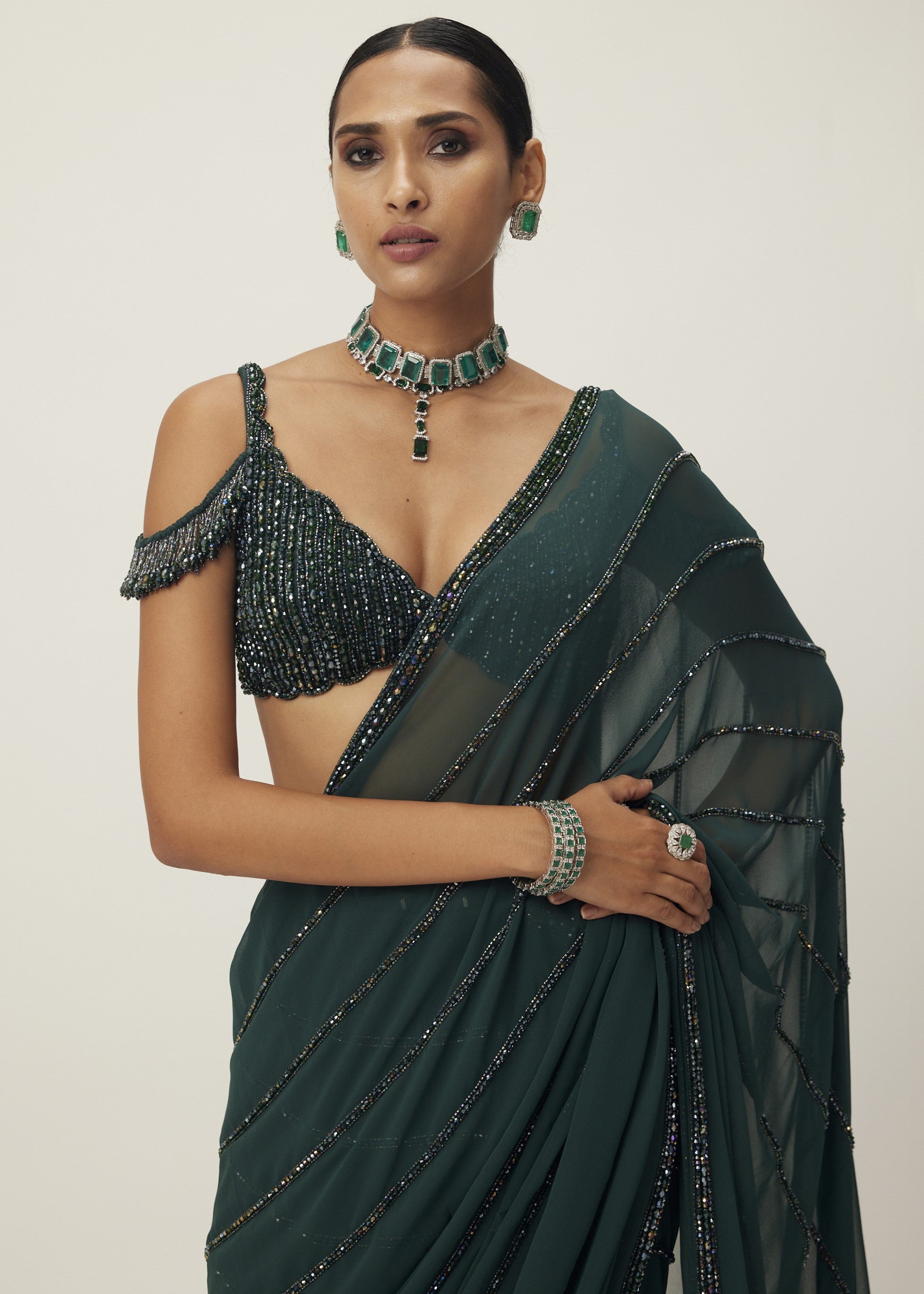 Dark Jade Green Crystal Linear Embroidered Sari