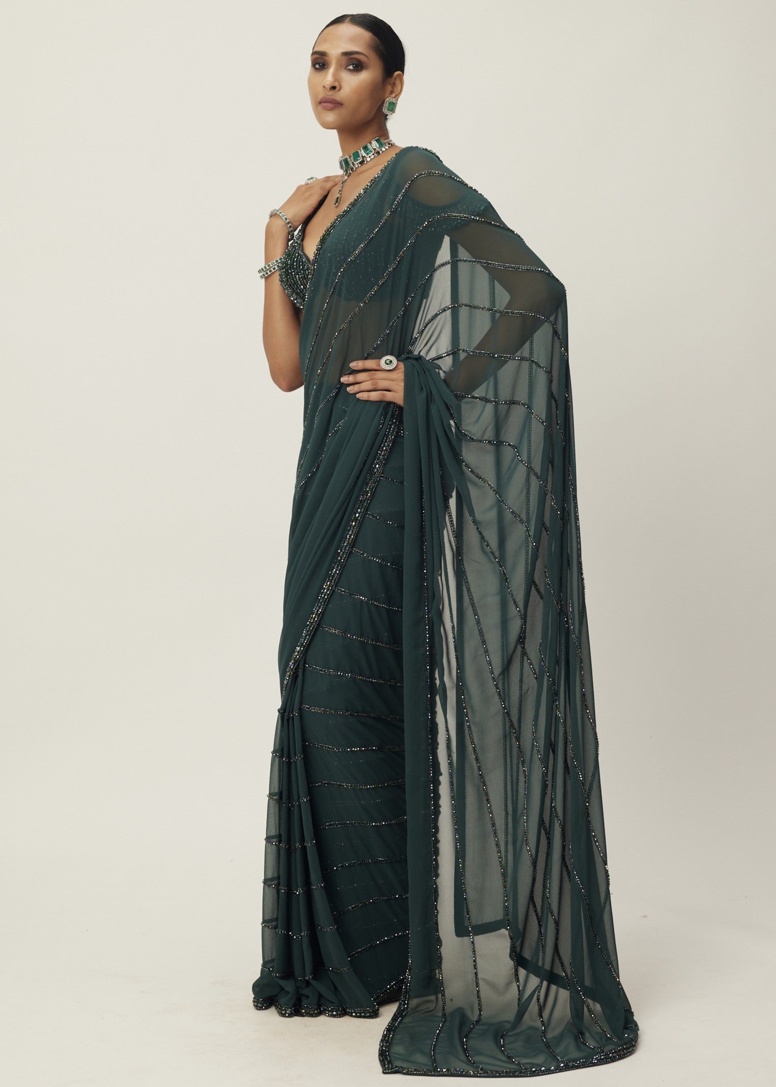 Dark Jade Green Crystal Linear Embroidered Sari