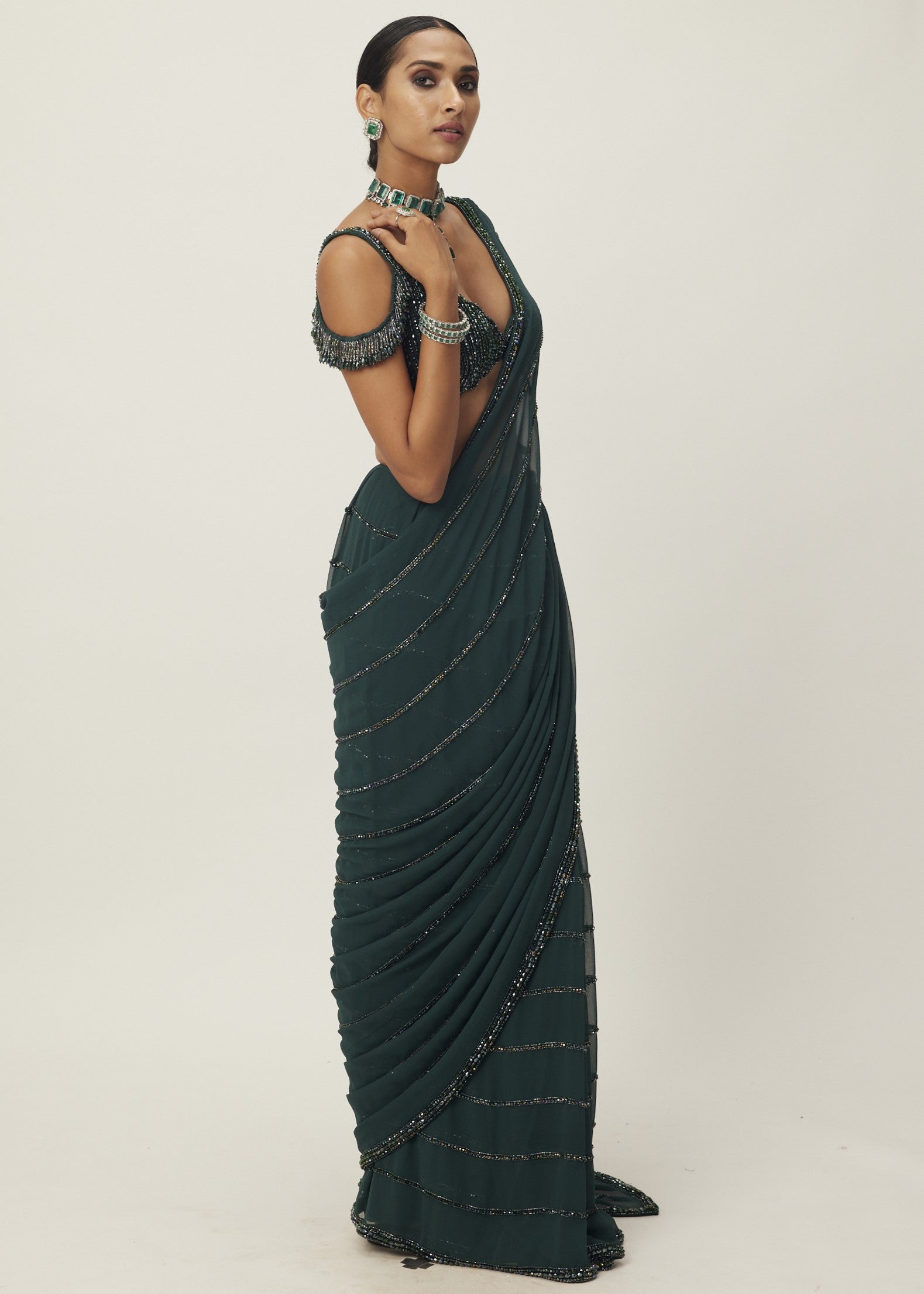 Dark Jade Green Crystal Linear Embroidered Sari
