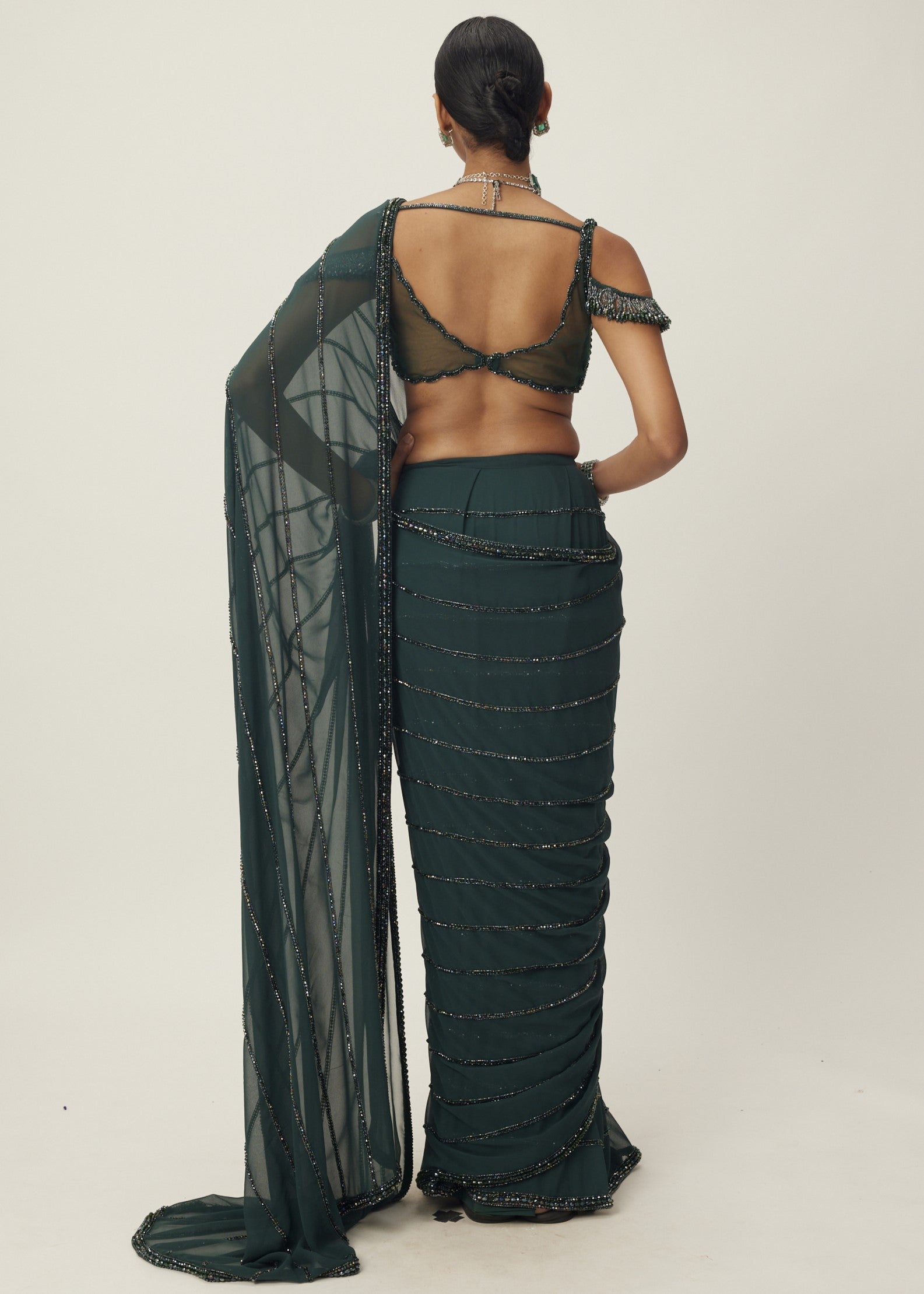 Dark Jade Green Crystal Linear Embroidered Sari