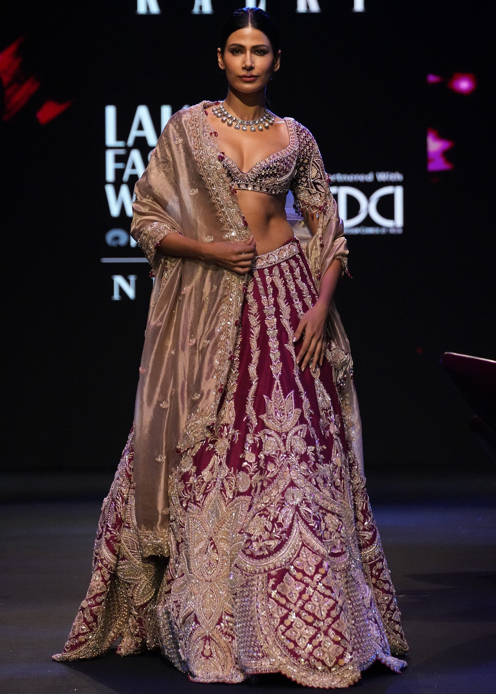 Maroon Raw Silk Lotus Embroidered Lehenga
