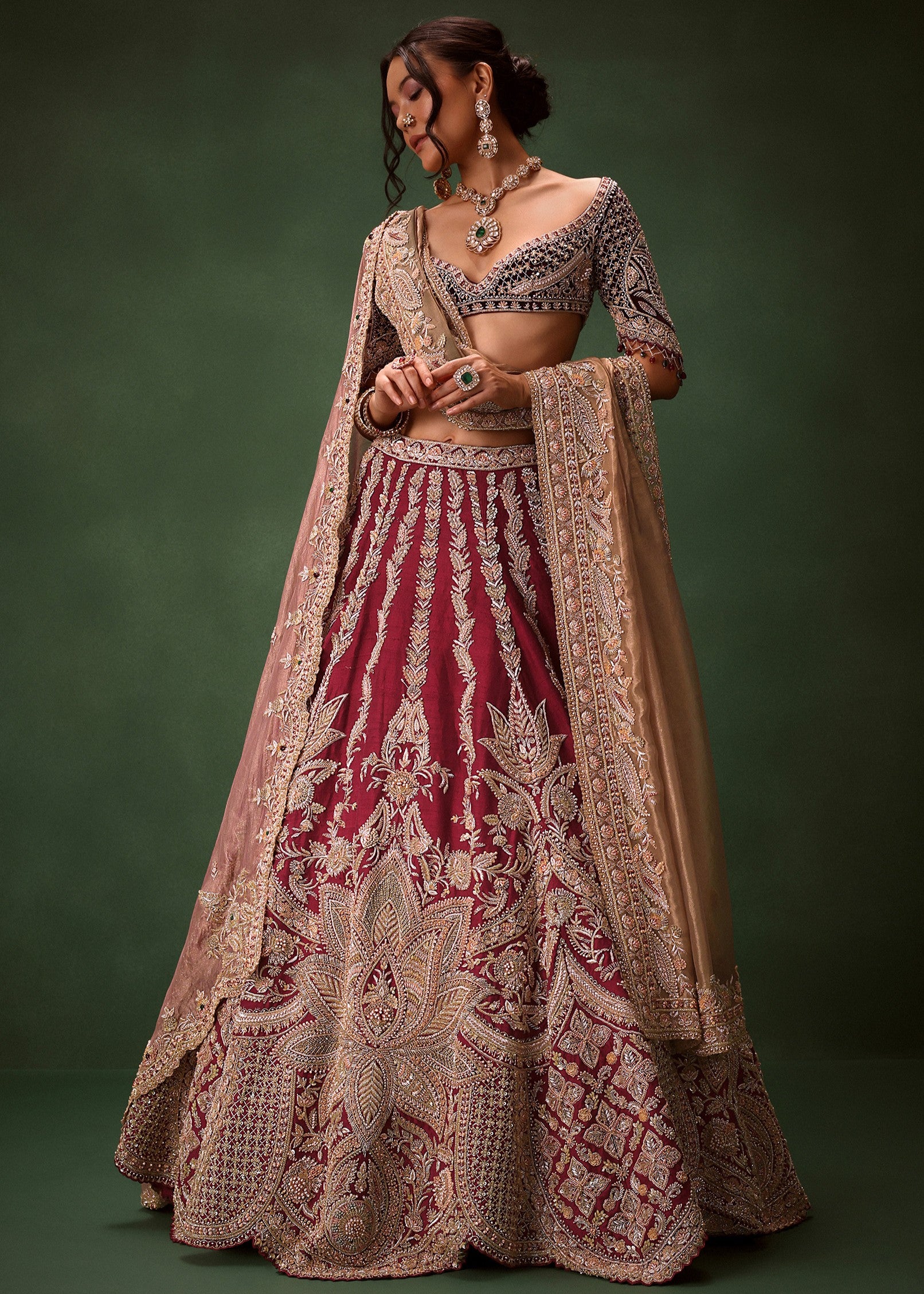 Maroon Raw Silk Lotus Embroidered Lehenga