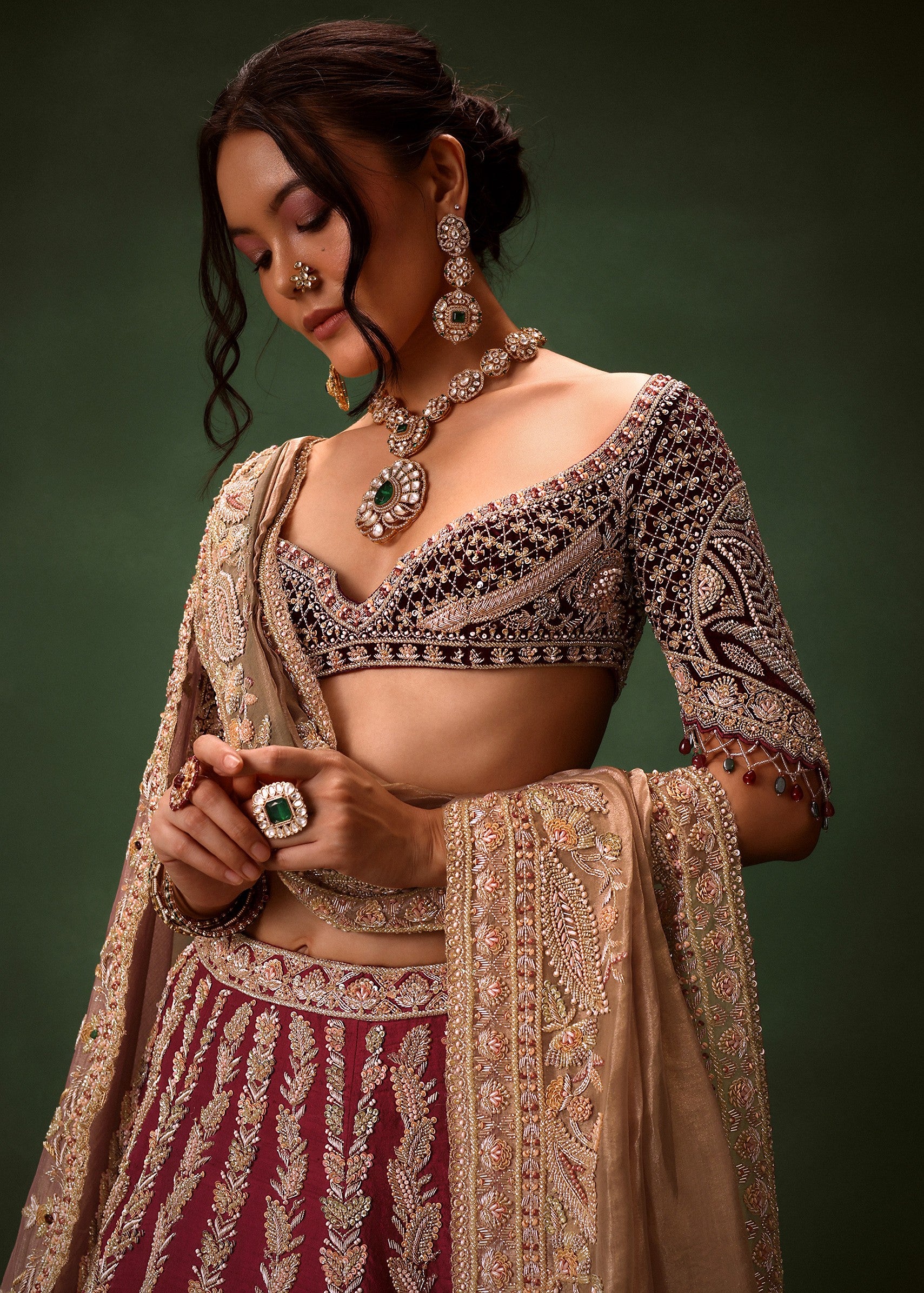 Maroon Raw Silk Lotus Embroidered Lehenga