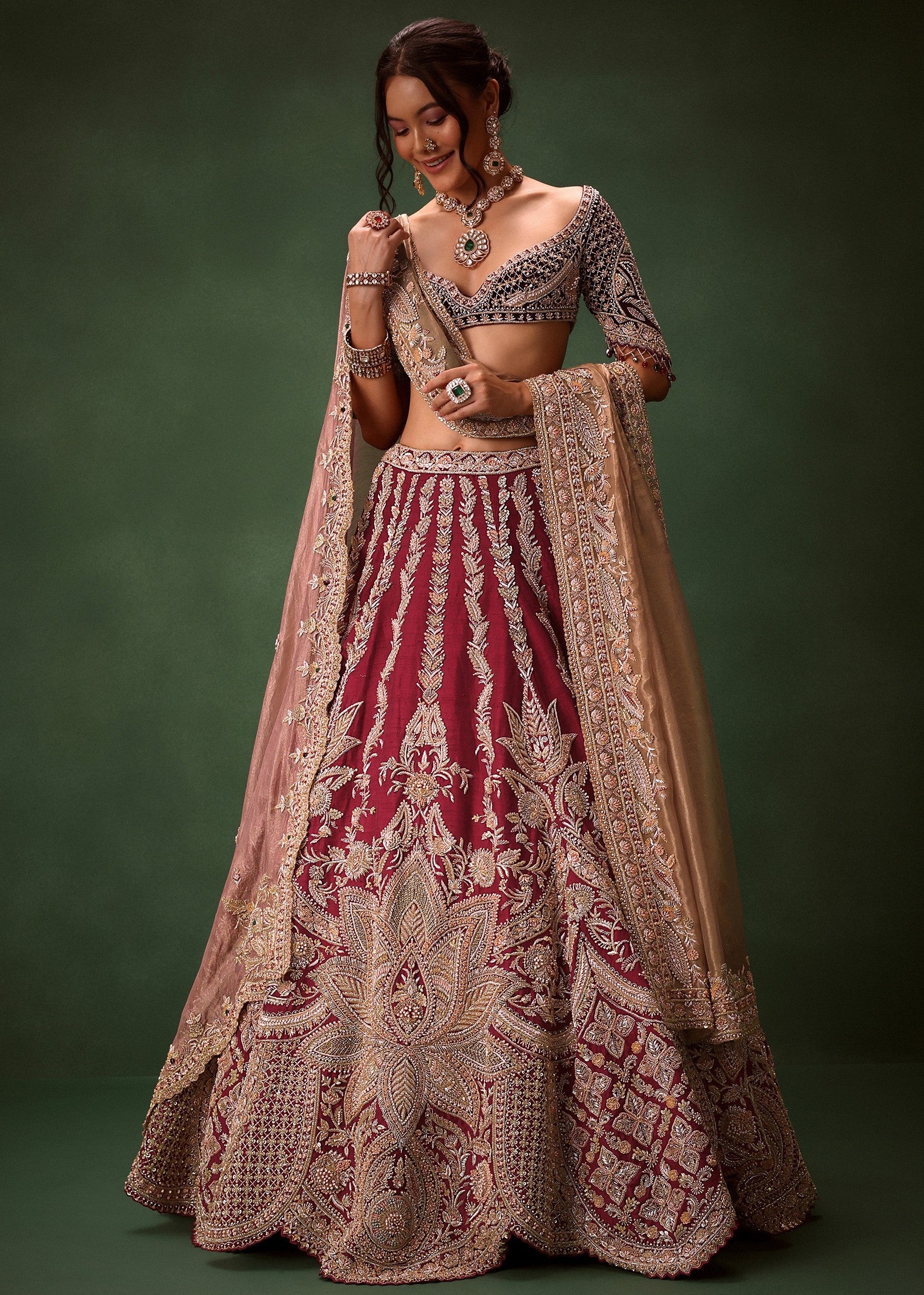 Maroon Raw Silk Lotus Embroidered Lehenga