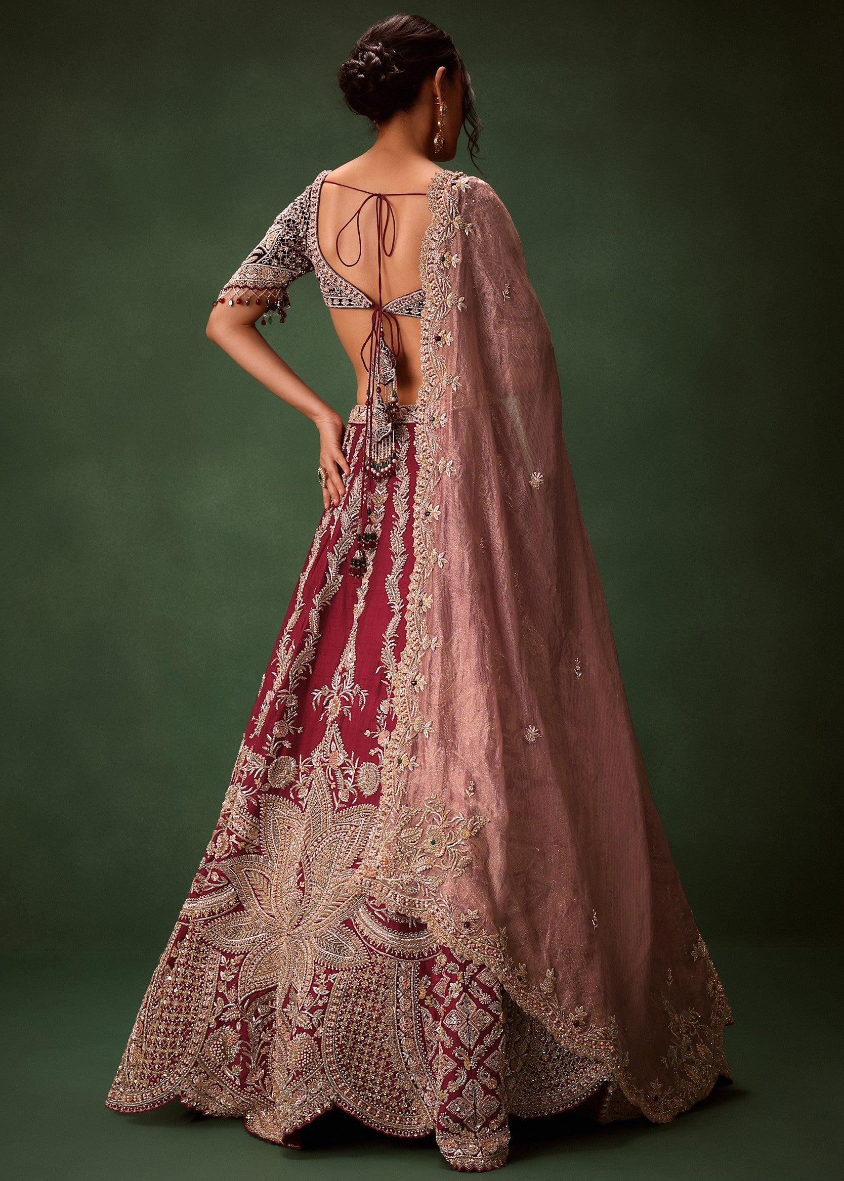 Maroon Raw Silk Lotus Embroidered Lehenga