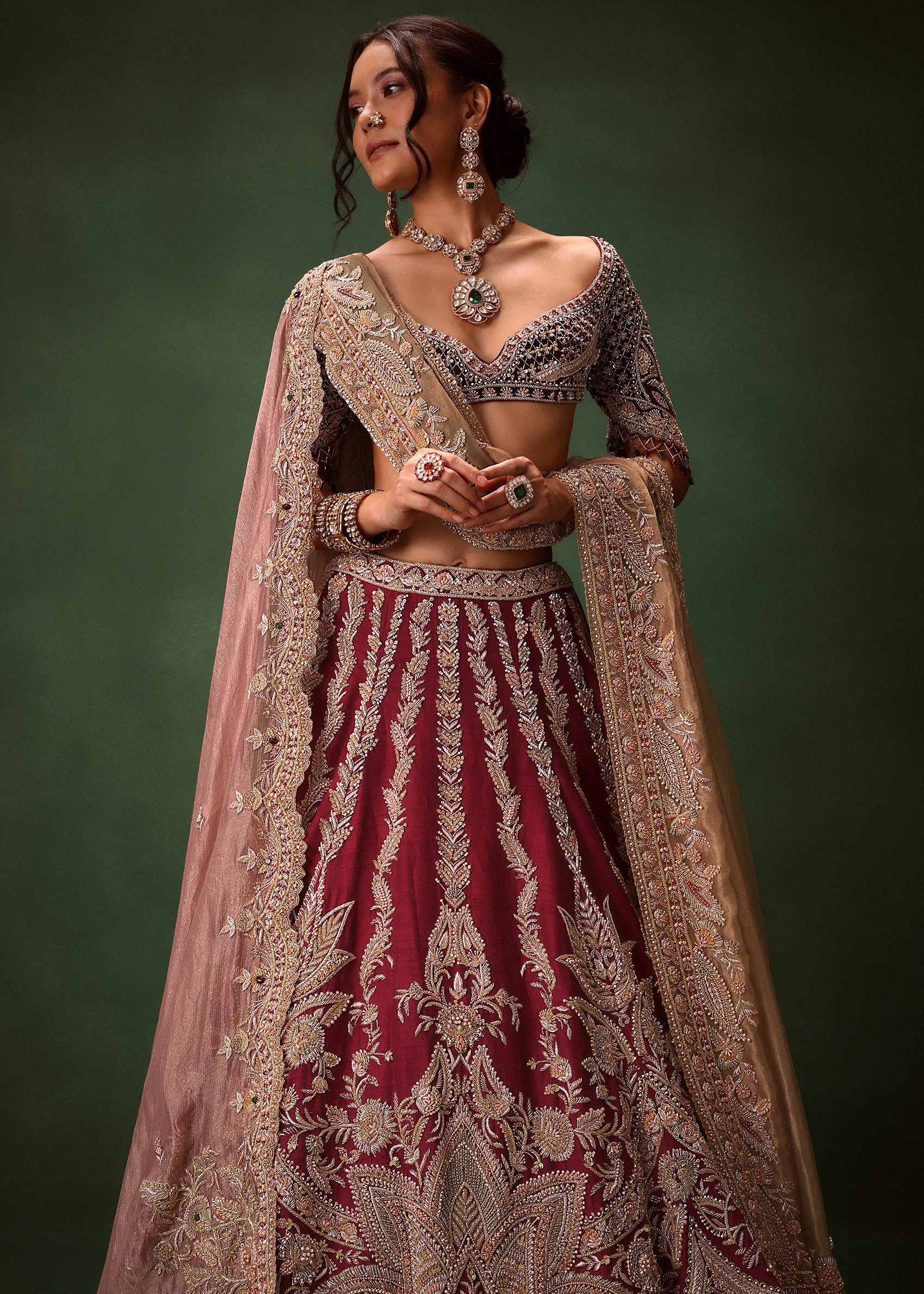 Maroon Raw Silk Lotus Embroidered Lehenga