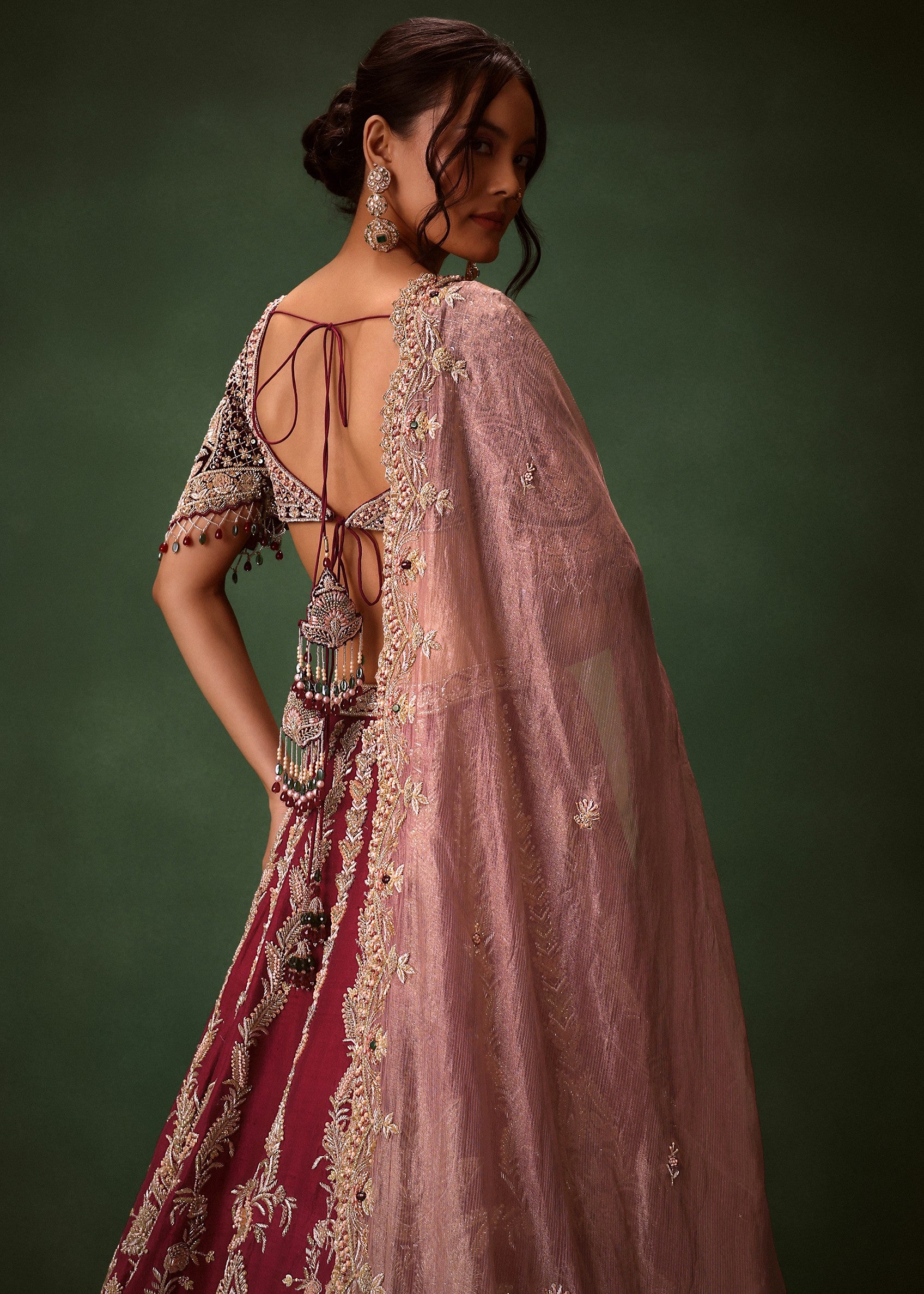 Maroon Raw Silk Lotus Embroidered Lehenga