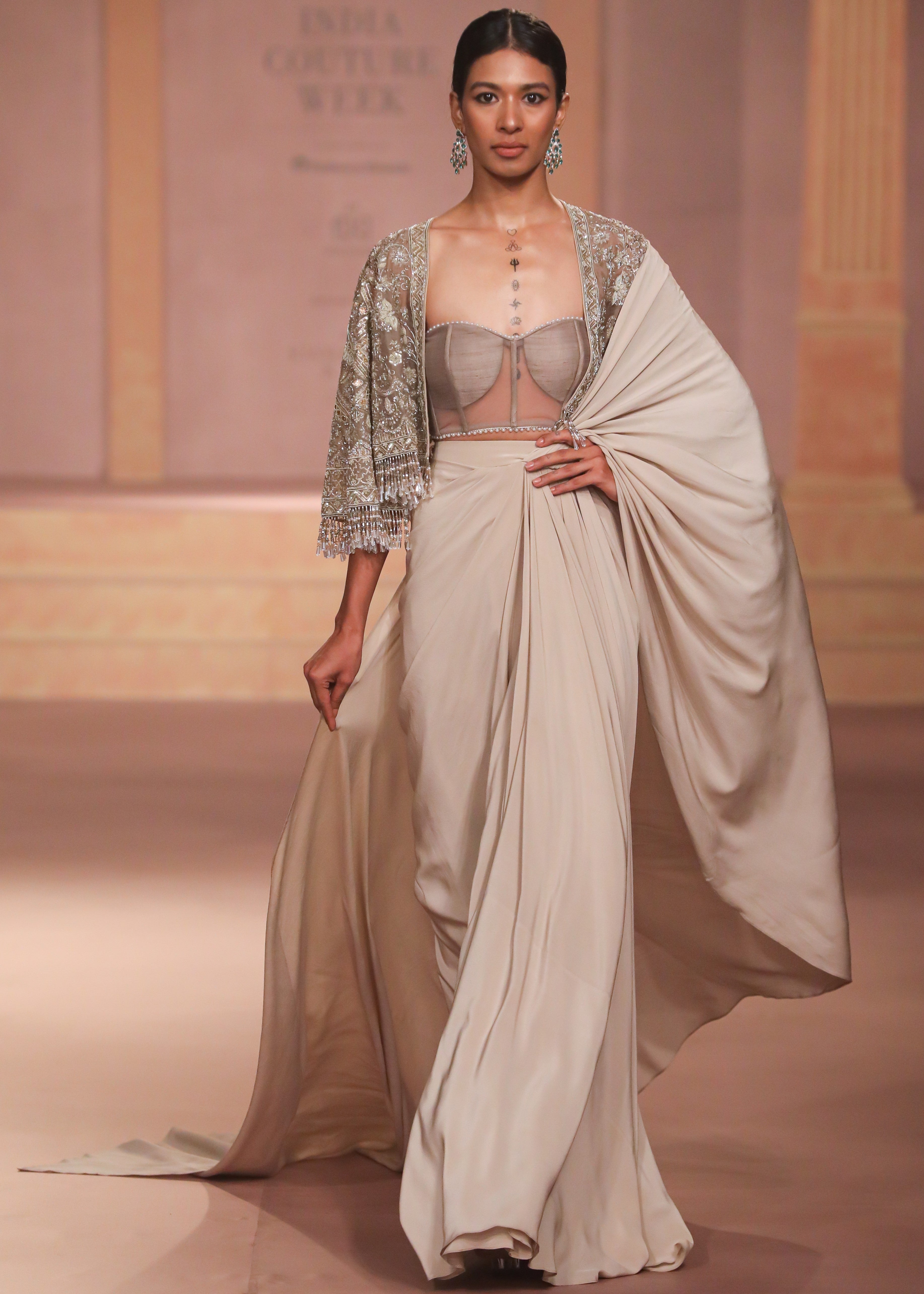Beige Georgette Pre-Draped Sari Set