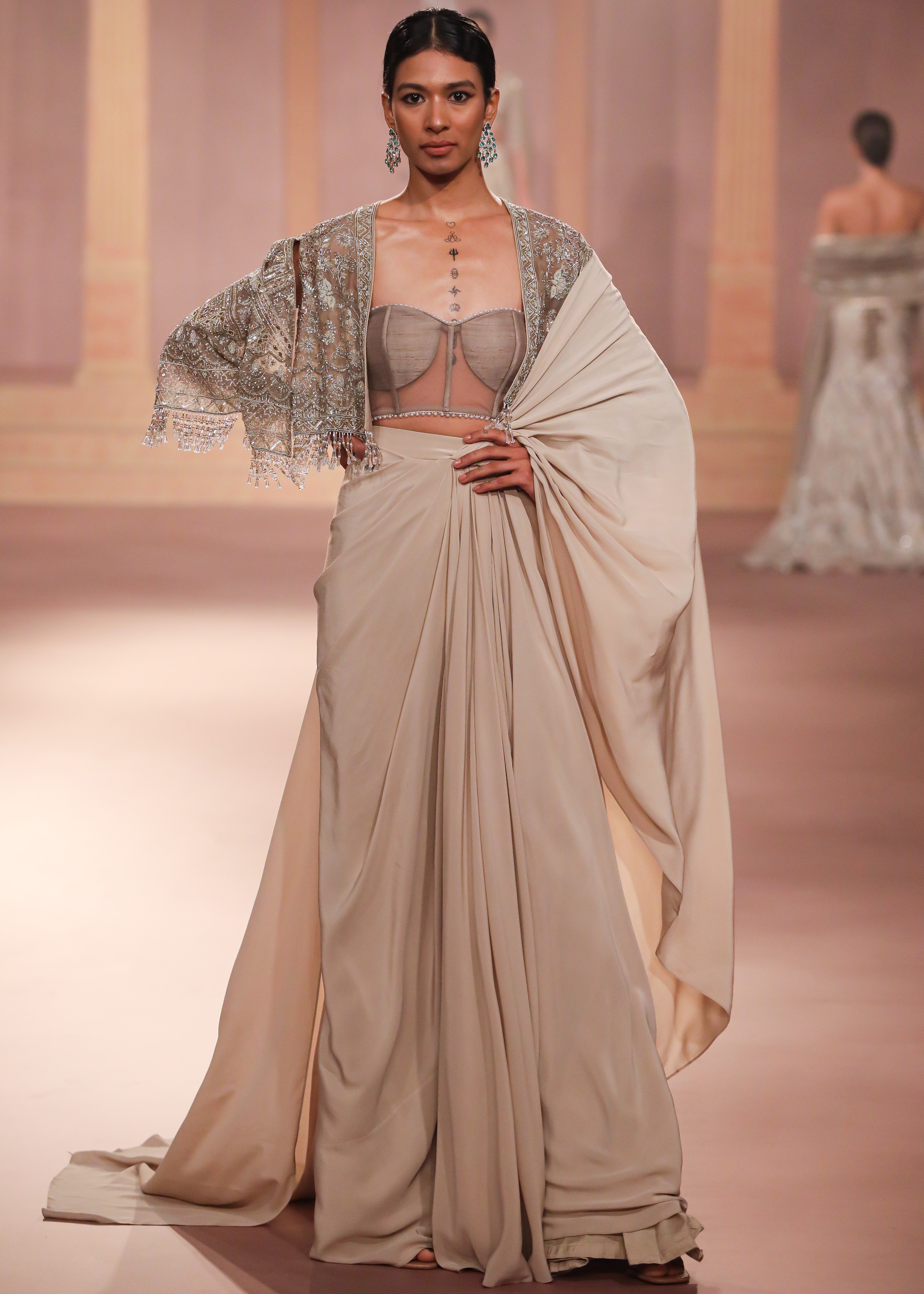 Beige Georgette Pre-Draped Sari Set