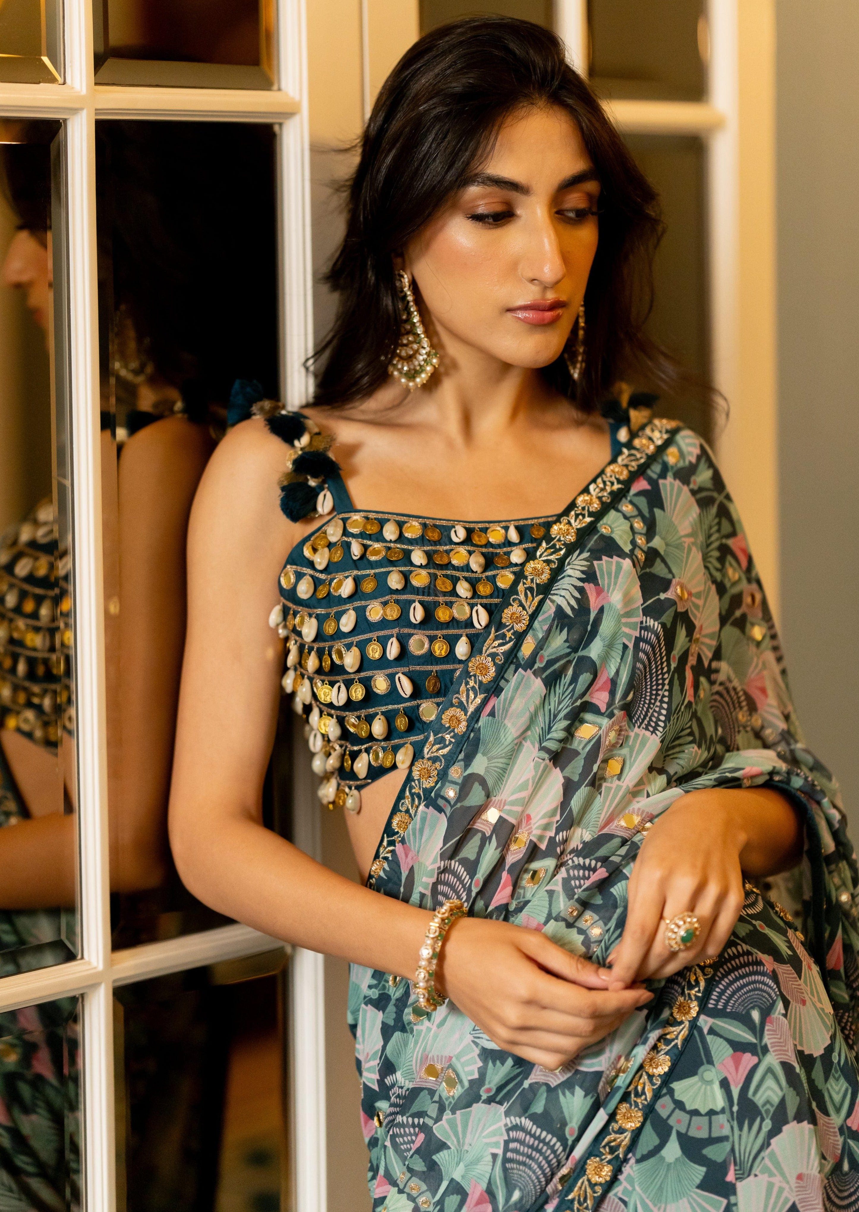 Geometric Floral Print Kowri Shell Blouse Sari Set