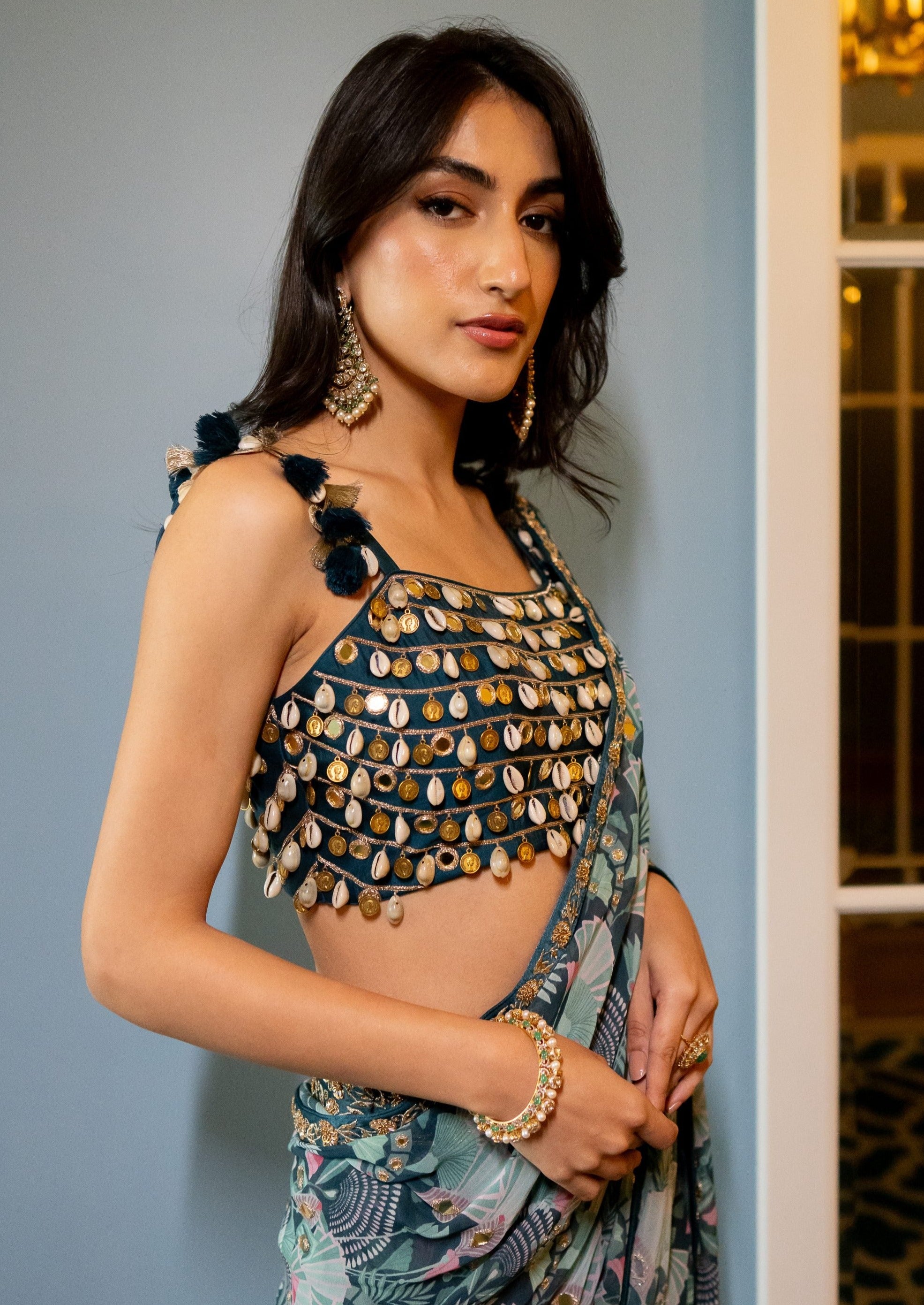 Geometric Floral Print Kowri Shell Blouse Sari Set