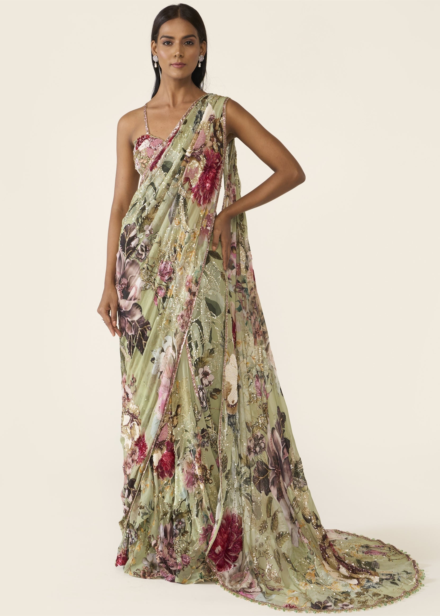 Green Printed Concept Sari Set